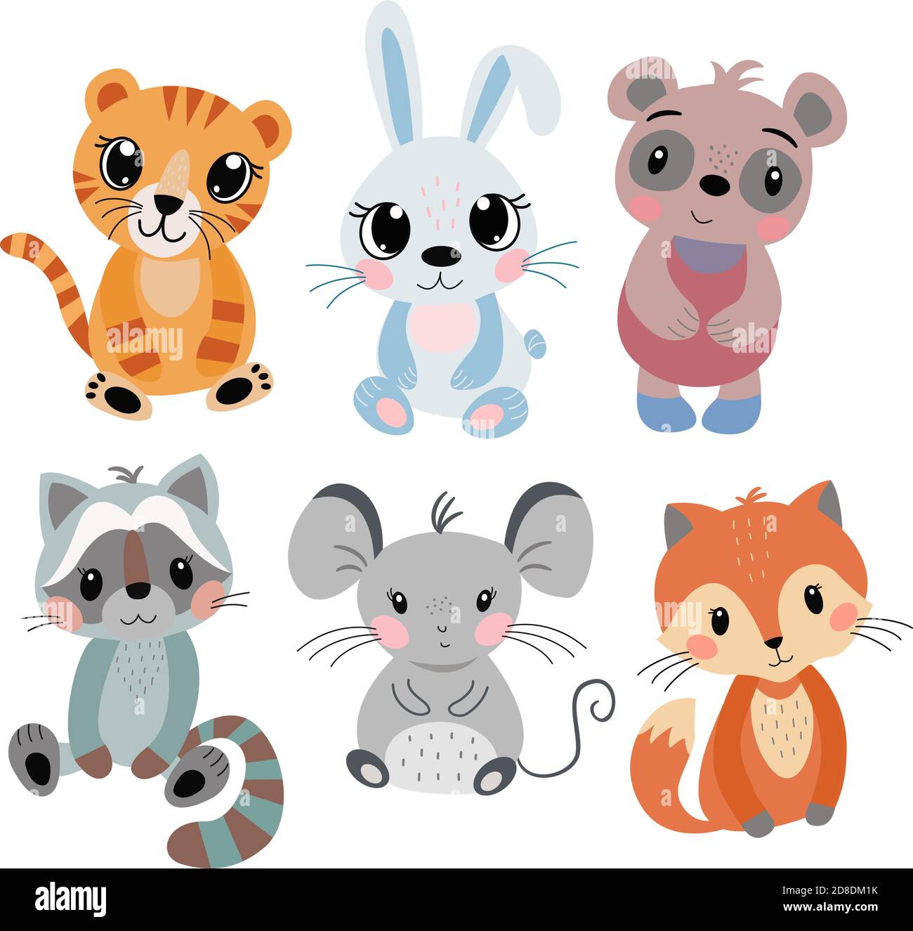 Ensemble de mignon petit dessin animé tigre, lapin, souris, panda dans des graphiques vectoriels sur un fond blanc. Pour le design, les housses pour ordinateurs portables, les tee-shirts, les tirages pour Illustration de Vecteur
