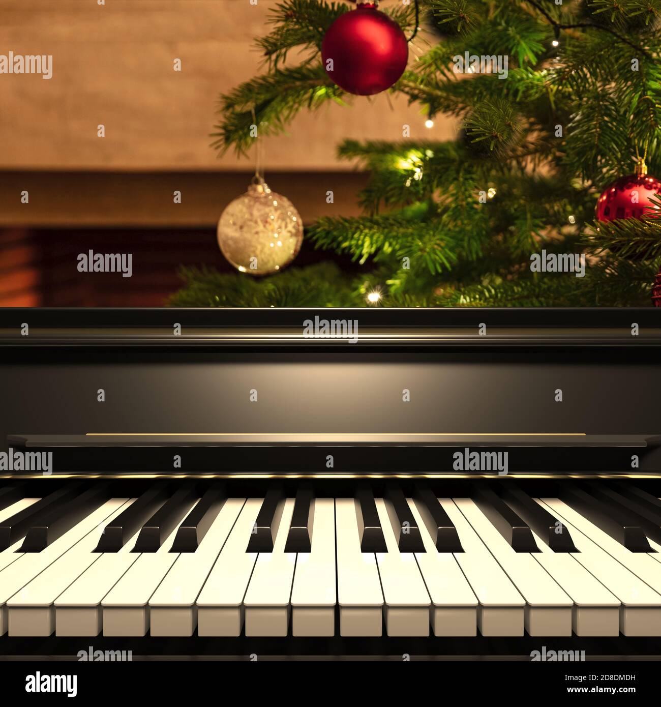 Clavier de piano et arbre de noël. Lumière douce sur les touches du piano,  vue de face rapprochée. Chansons de Noël musique, modèle de carte de vœux.  illustration 3d Photo Stock -