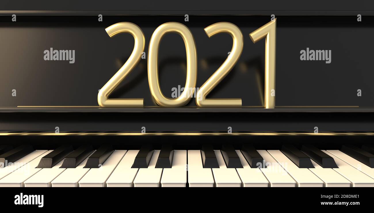 numéro d'or de la nouvelle année 2021 sur les touches de piano, gros plan  vue police, bannière. Concept musical de la Saint-Sylvestre. illustration  3d Photo Stock - Alamy