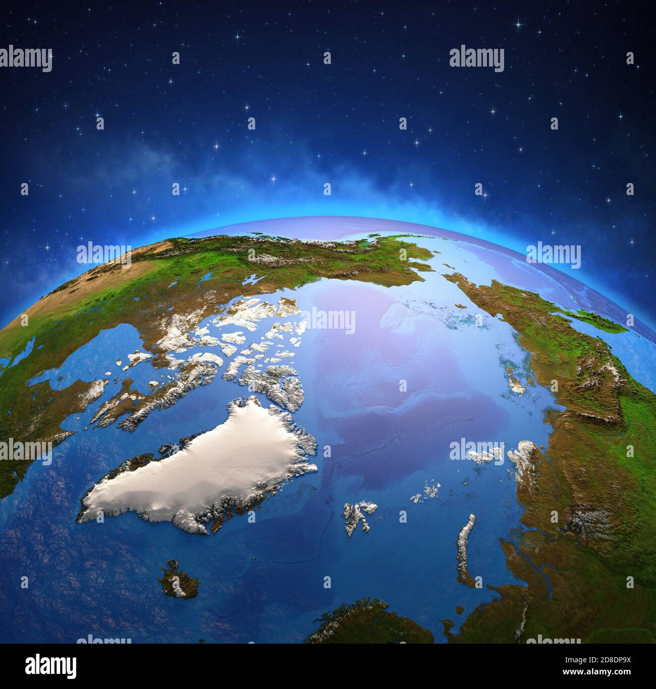 Surface de la planète Terre vue à partir d'un satellite, axé sur le pôle Nord et l'océan Arctique. Réchauffement climatique au Groenland. Éléments fournis par la NASA Banque D'Images
