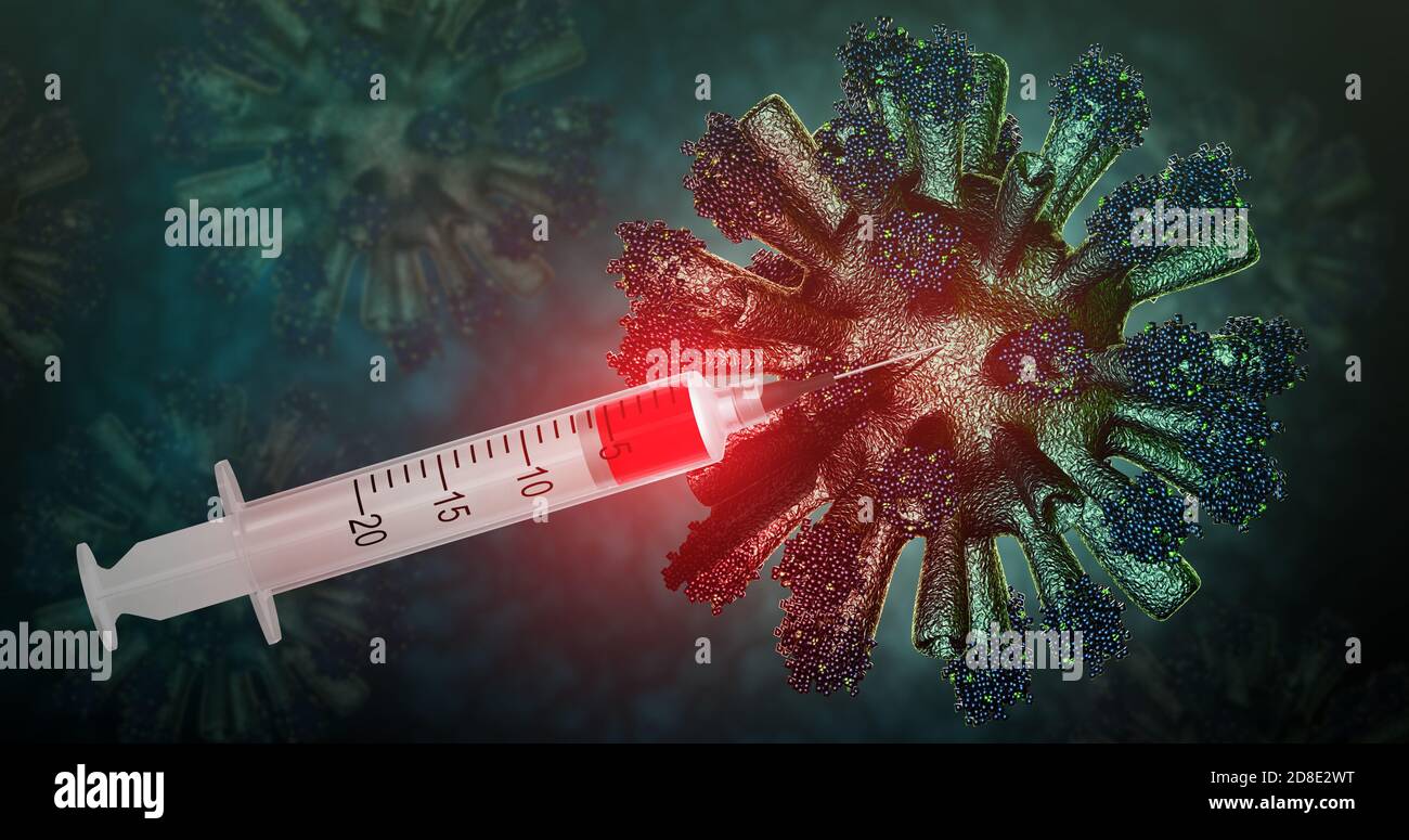 Injection sur un virus. Injection d'un vaccin antidote rougeoyant sur un virus. Concept médical de l'immunisation pandémique. Rendu 3D. Banque D'Images