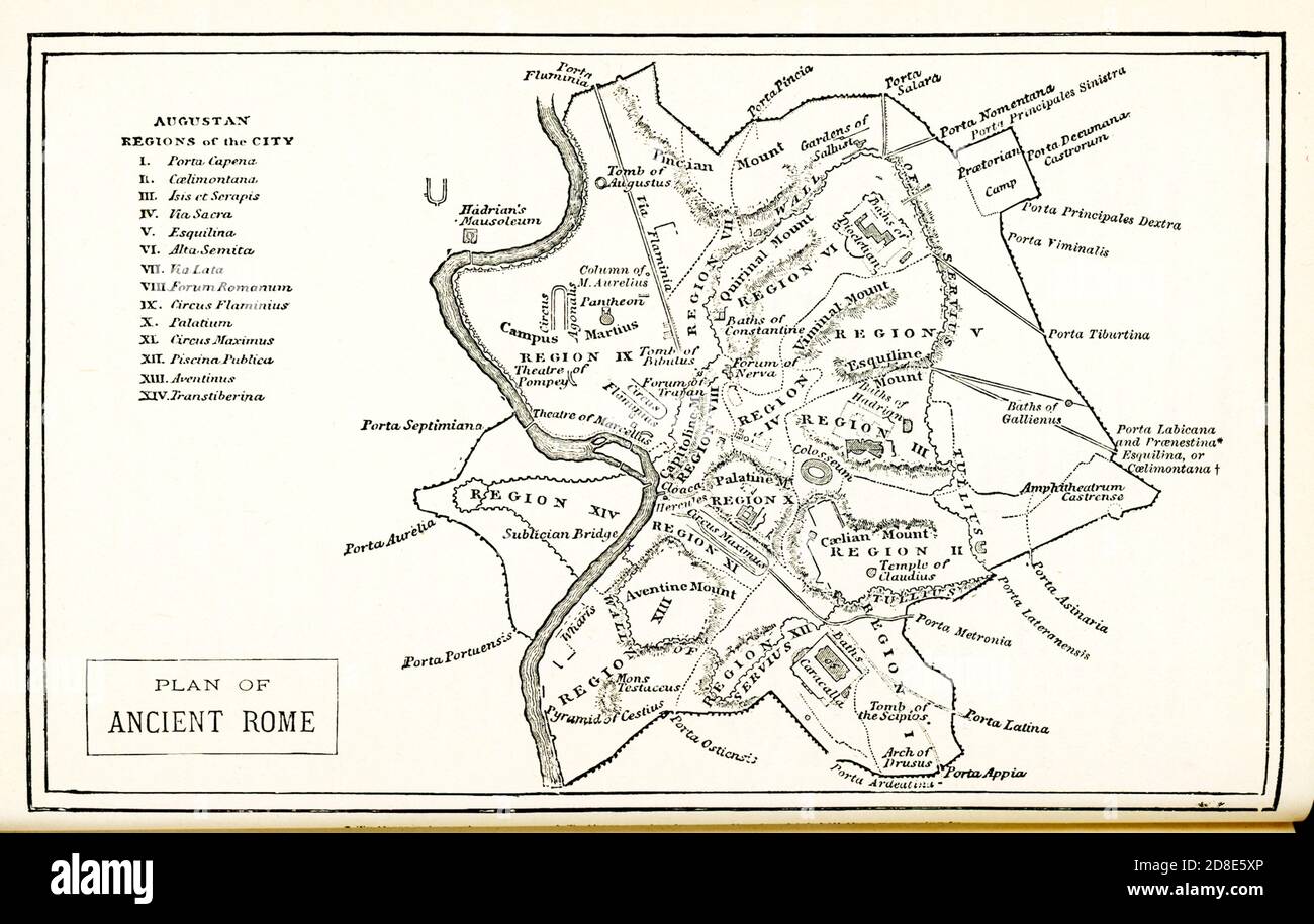 Carte avec Plan de Rome antique. Ce plan de 1876 montre Augustan