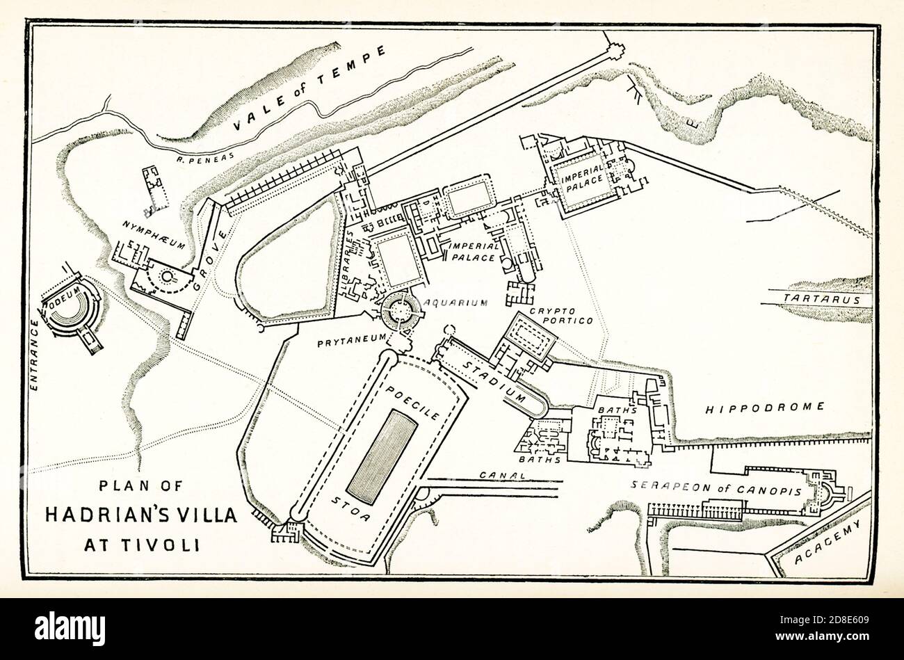 Plan de la villa d'Hadrien à Tivoli. La Villa d'Hadrien (Villa Adriana) est un héritage architectural exceptionnel du grand empereur romain Hadrien. Construite comme une retraite de Rome entre 117 et 138 après J.-C., la villa a été conçue comme une ville idéale et intègre les traditions architecturales de la Grèce antique, de Rome et de l'Égypte. Les vestiges de quelque 30 bâtiments s'étendent sur 120 hectares des collines de Tiburtine, à Tivoli, dans la région du Latium. Banque D'Images