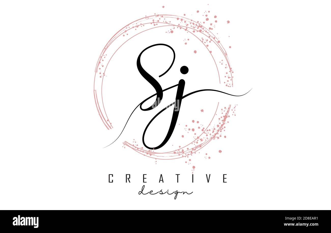 Logo SJ S j écrit à la main avec cercles étincelants et paillettes roses. Illustration vectorielle décorative avec lettres S et J. Illustration de Vecteur