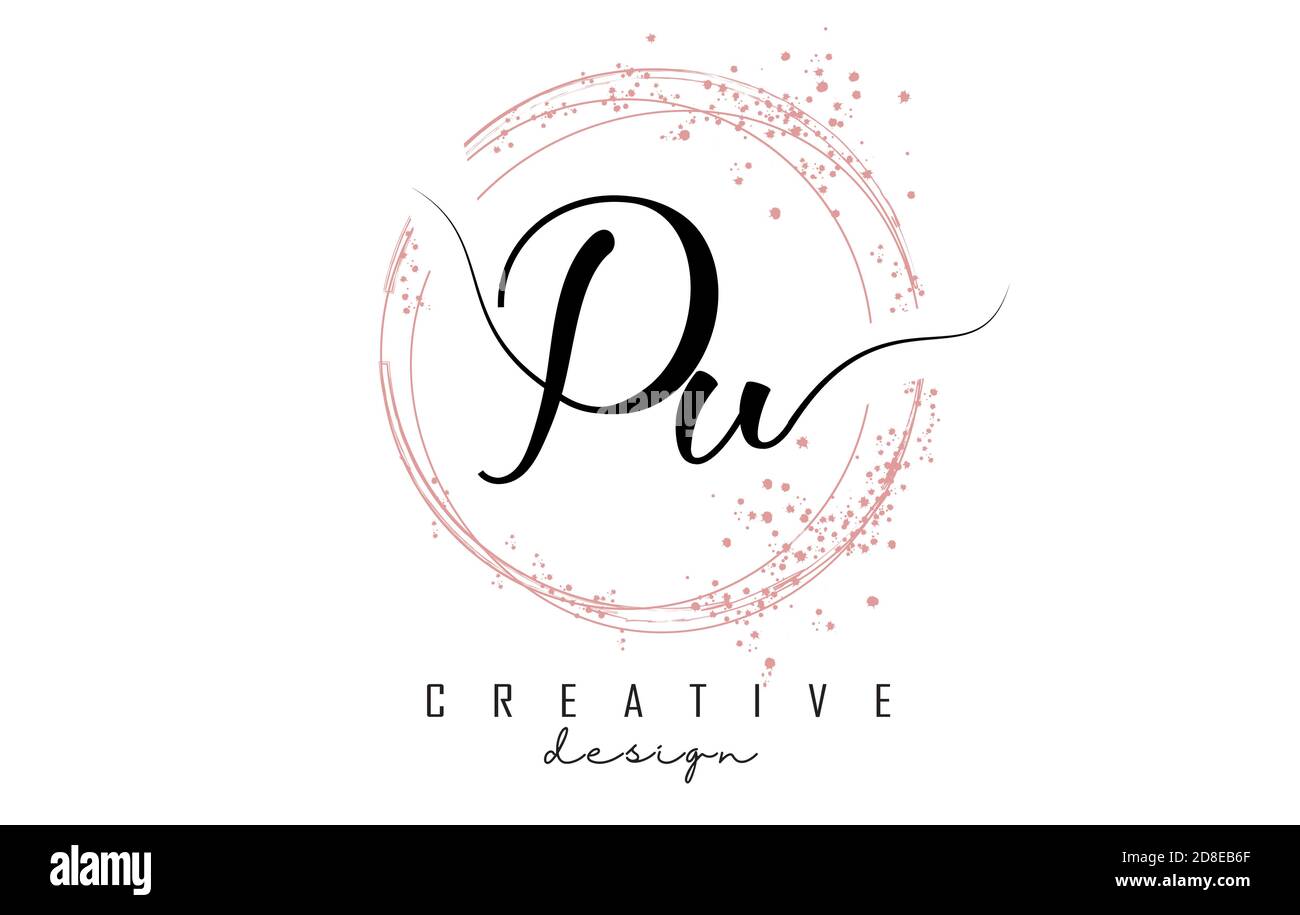 Logo en pu P U écrit à la main avec cercles étincelants et paillettes roses. Illustration vectorielle décorative avec lettres P et U. Illustration de Vecteur