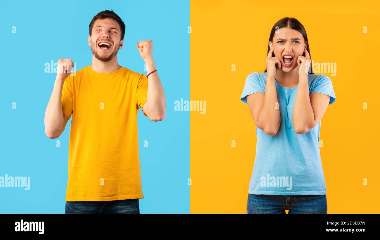 Homme criant avec des poings relevés, femme couvrant les oreilles Banque D'Images