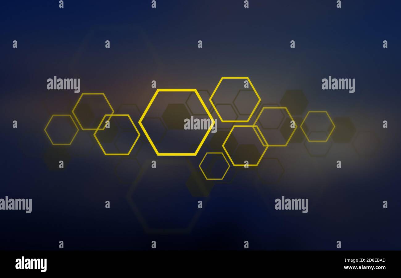 Couches d'hexagons jaunes, motif nid d'abeilles ruché sur fond bleu flou. Illustration haute résolution. Banque D'Images