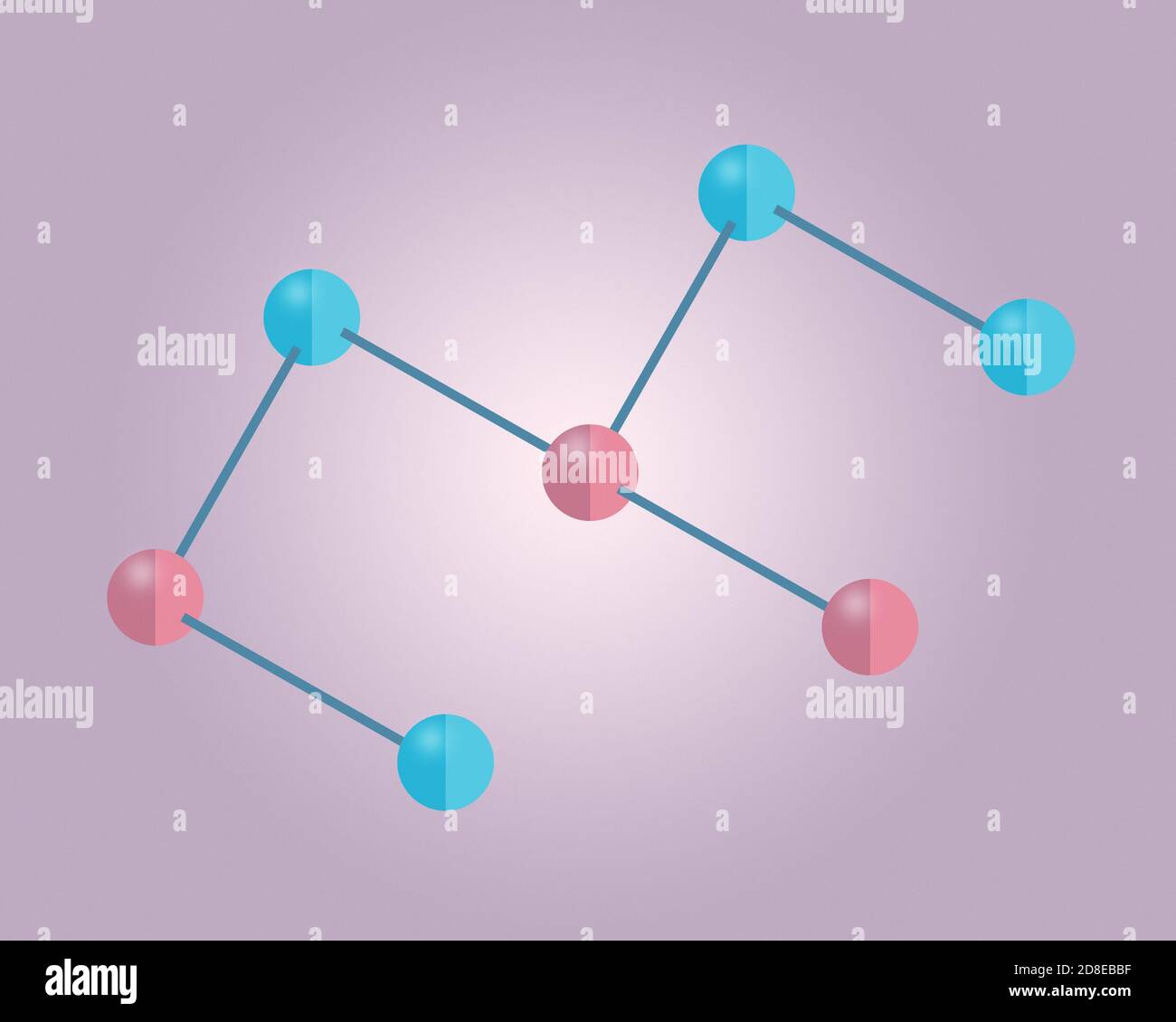 Structure moléculaire graphique abstraite représentée par des sphères bleues et rouges sur fond violet. Banque D'Images