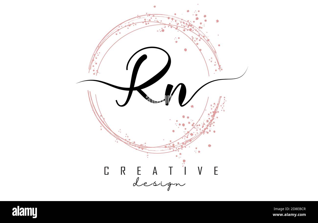 Logo Rn R n écrit à la main avec cercles étincelants et paillettes roses. Illustration vectorielle décorative avec lettres R et n. Illustration de Vecteur