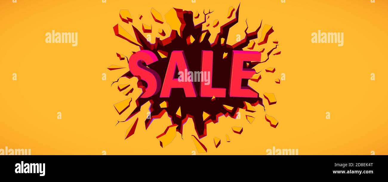 Bannière de vente horizontale. L'inscription Vente détruit le mur. Fissure noire dans le mur jaune. Modèle pour affiche, bannière, circulaire. Illustration de Vecteur