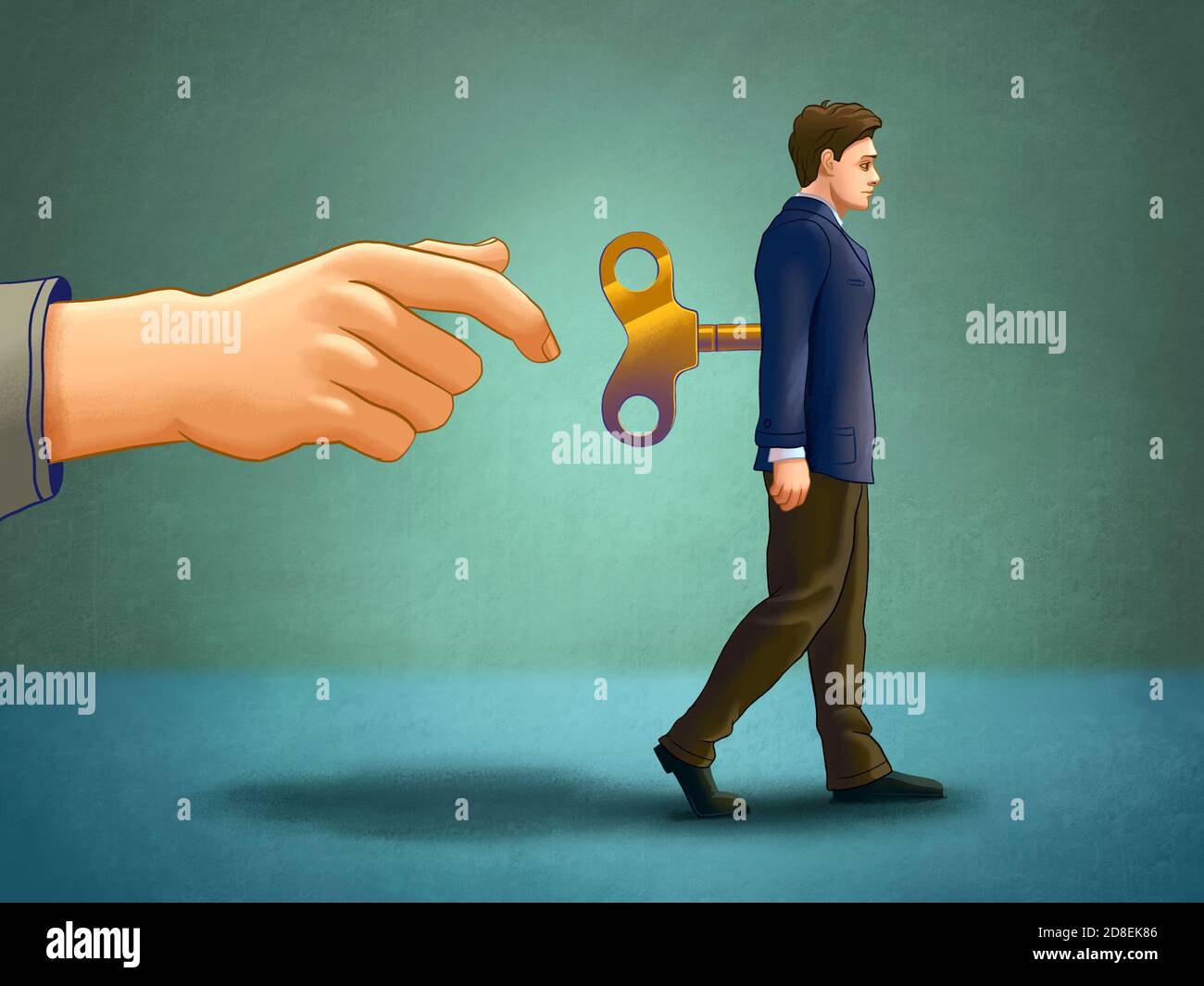 Le jeune homme sur le point d'être rechargé à l'aide d'une clé sur son dos. Illustration numérique Banque D'Images