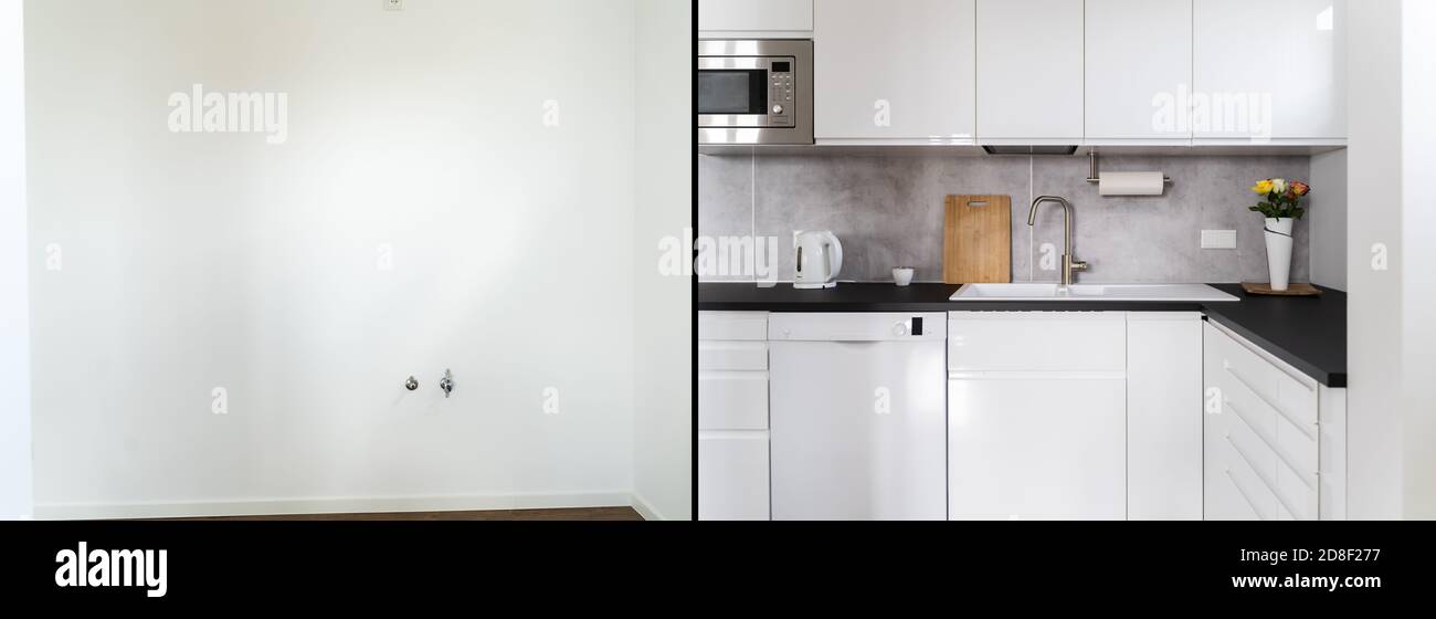 Maison cuisine intérieur remodélisation avant et après Banque D'Images
