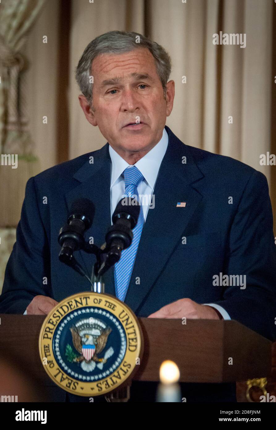 Le président George W. Bush prononce un discours au Département d’État américain. Photo par Liz Roll Banque D'Images