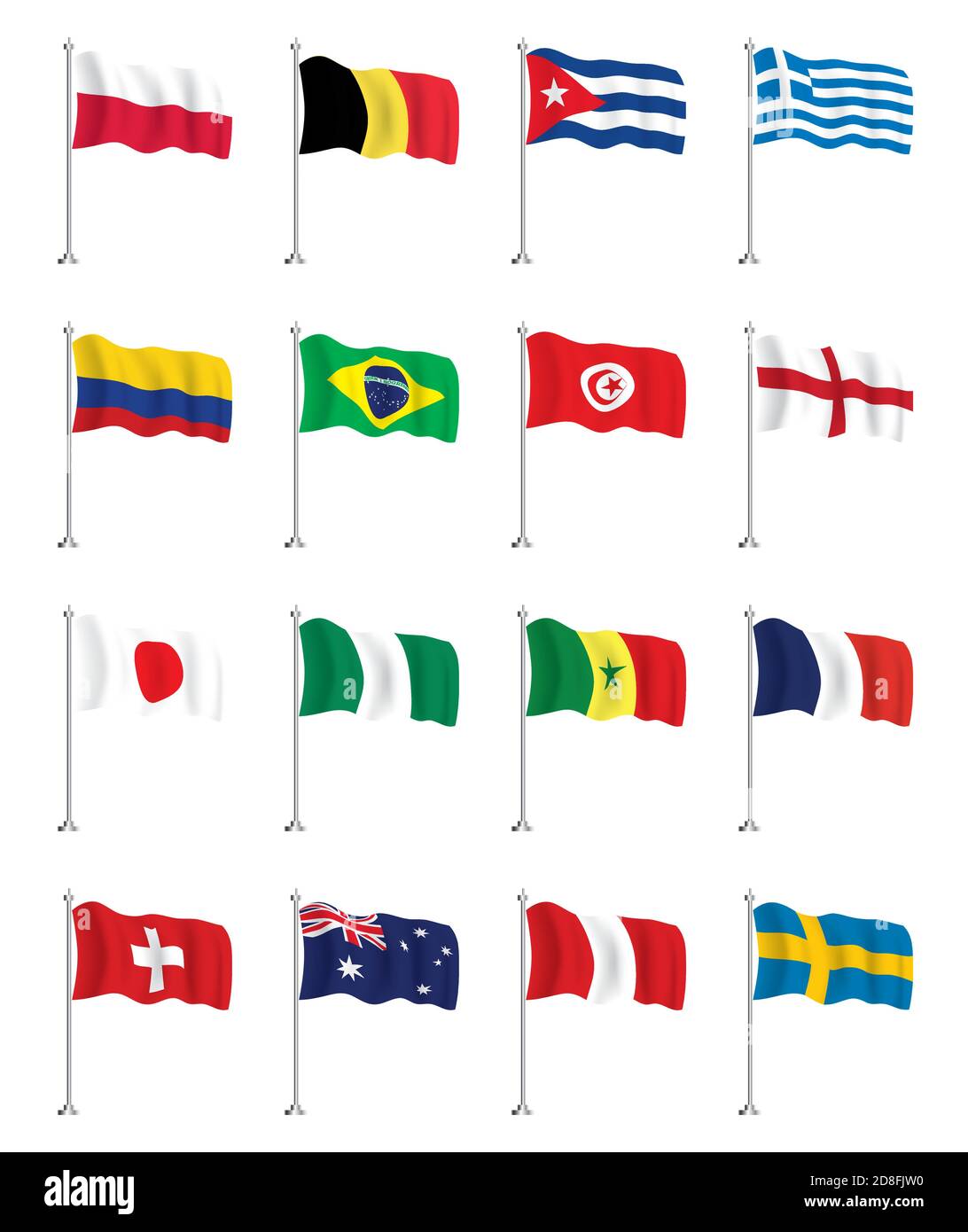 Ensemble d'icônes de drapeaux. Colombie, Brésil, Pologne, Belgique, Cuba, Grèce, Tunisie, Angleterre, Japon, Nigéria, Sénégal, France, Suisse, Australie, Pérou. Illustration de Vecteur Ensemble d'icônes de drapeaux. Colombie, Brésil, Pologne, Belgique, Cuba, Grèce, Tunisie, Angleterre, Japon, Nigéria, Sénégal, France, Suisse, Australie, Pérou. Illustration de Vecteur
