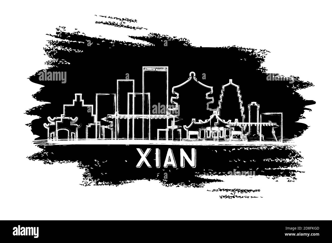 Silhouette de Xian China City. Esquisse dessinée à la main. Concept de voyage d'affaires et de tourisme avec architecture historique. Illustration vectorielle. Illustration de Vecteur