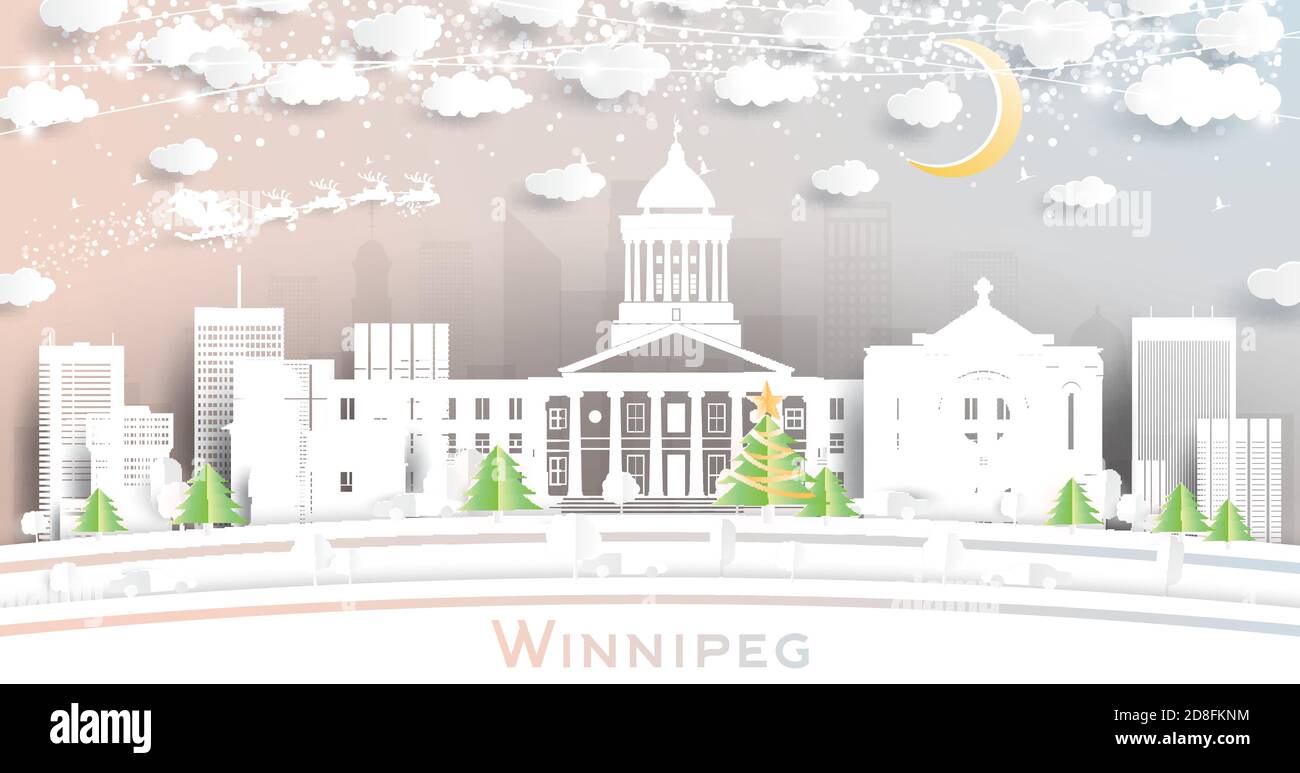 Winnipeg Canada City Skyline en papier coupé avec flocons de neige, Lune et Neon Garland. Illustration vectorielle. Concept Noël et nouvel an. Illustration de Vecteur