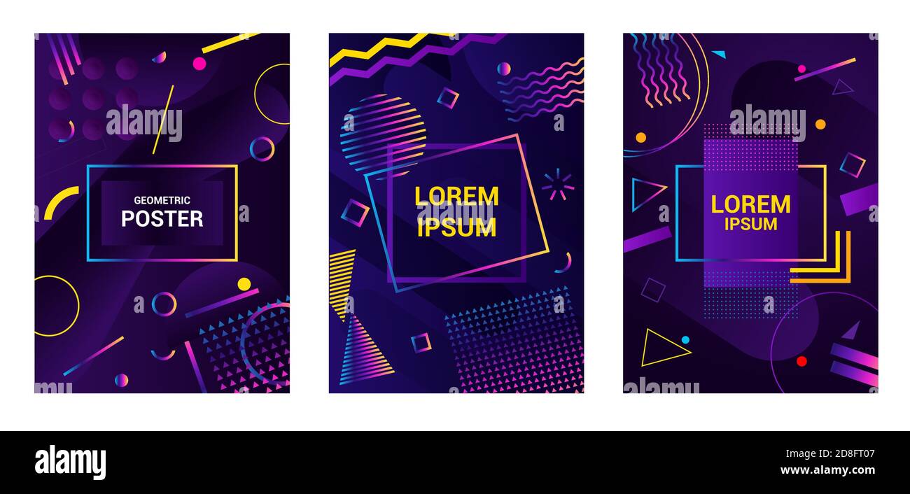 Définir un arrière-plan abstrait dans un style futuriste moderne pour une couverture ou une affiche. Bannière aux formes chaotiques arc-en-ciel. Figure géométrique sur fond bleu foncé. Illustration de Vecteur