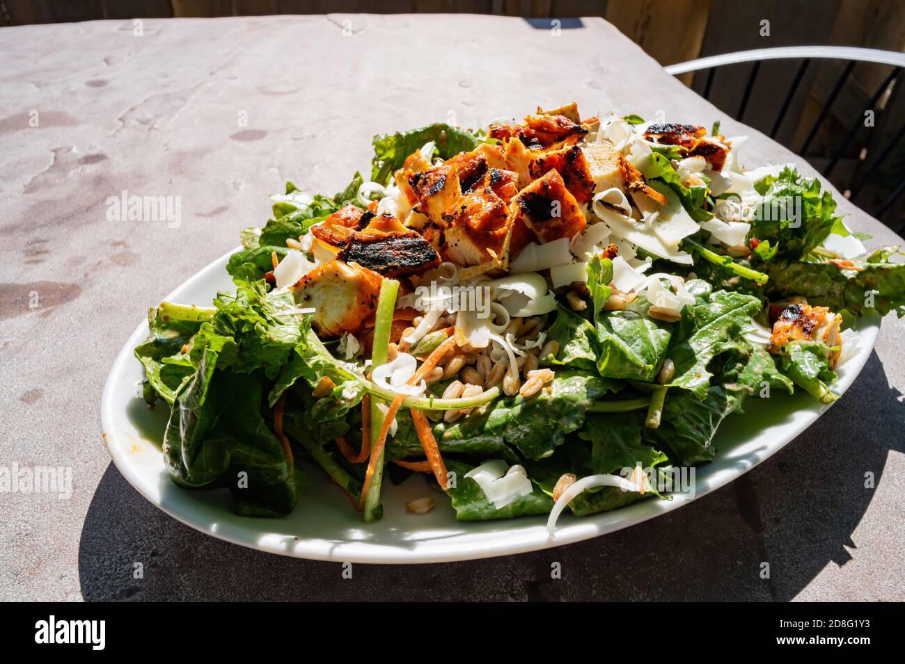 Gros plan d'une assiette de salade d'automne avec légumes, cheesse et poulet grillé à Sedona, Arizona Banque D'Images