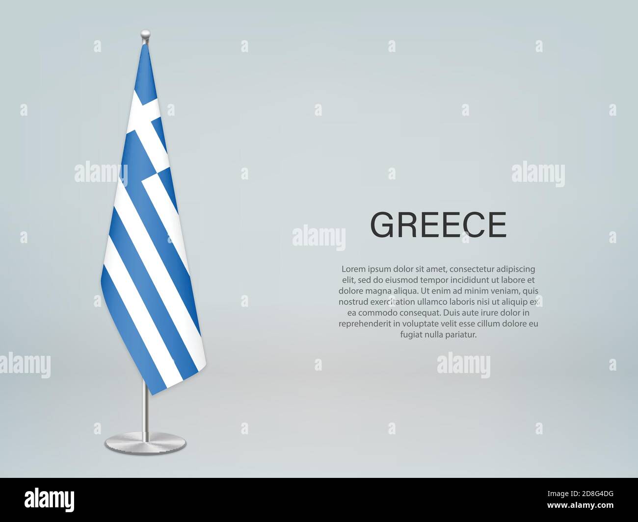 Drapeau suspendu de la Grèce sur le stand. Modèle pour bannière de conférence politique Illustration de Vecteur