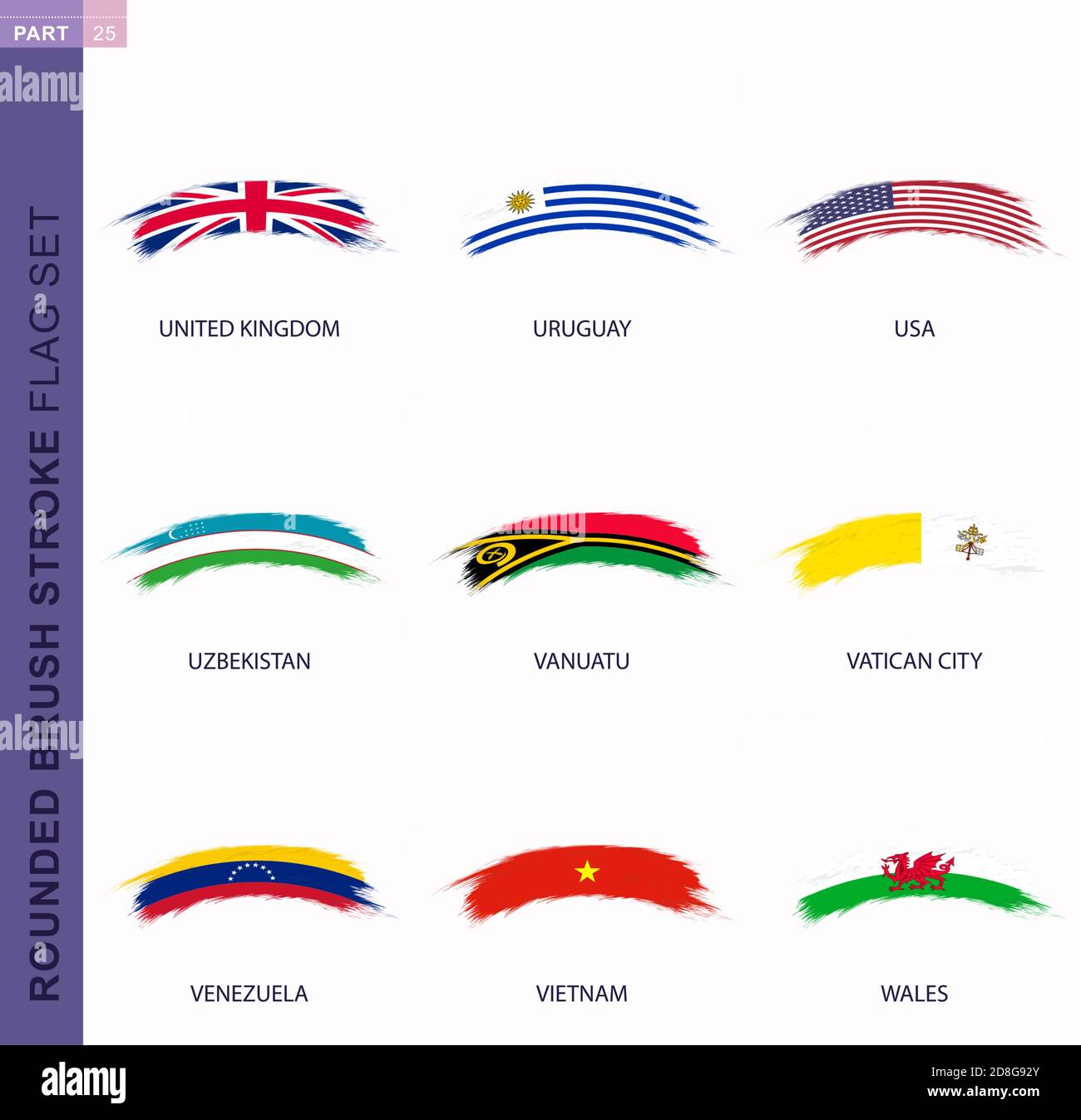 Ensemble de drapeaux ronds à coups de pinceau, drapeaux du Royaume-Uni, de l'Uruguay, des États-Unis, de l'Ouzbékistan, de Vanuatu, de la Cité du Vatican, du Venezuela, du Vietnam, du pays de Galles Illustration de Vecteur
