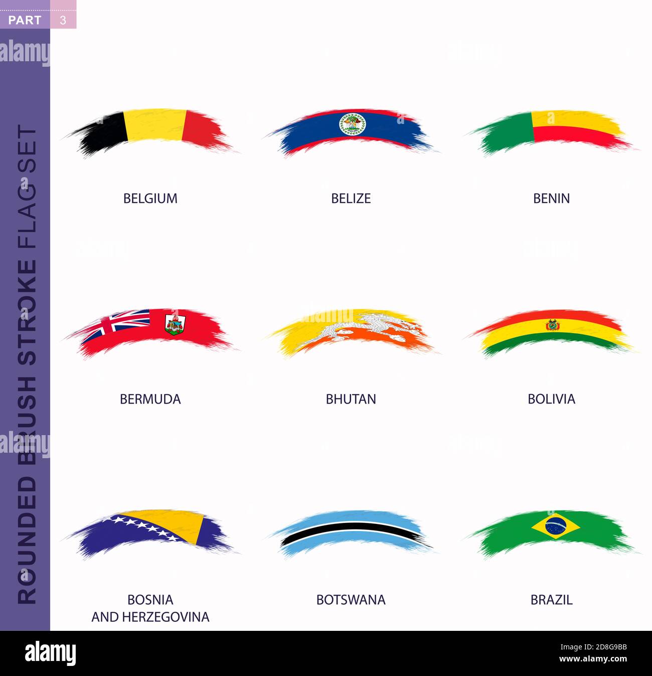 Ensemble de drapeaux ronds à coups de pinceau, drapeaux de la Belgique, du Belize, du Bénin, des Bermudes, du Bhoutan, de la Bolivie, de la Bosnie-Herzégovine, du Botswana, du Brésil Illustration de Vecteur