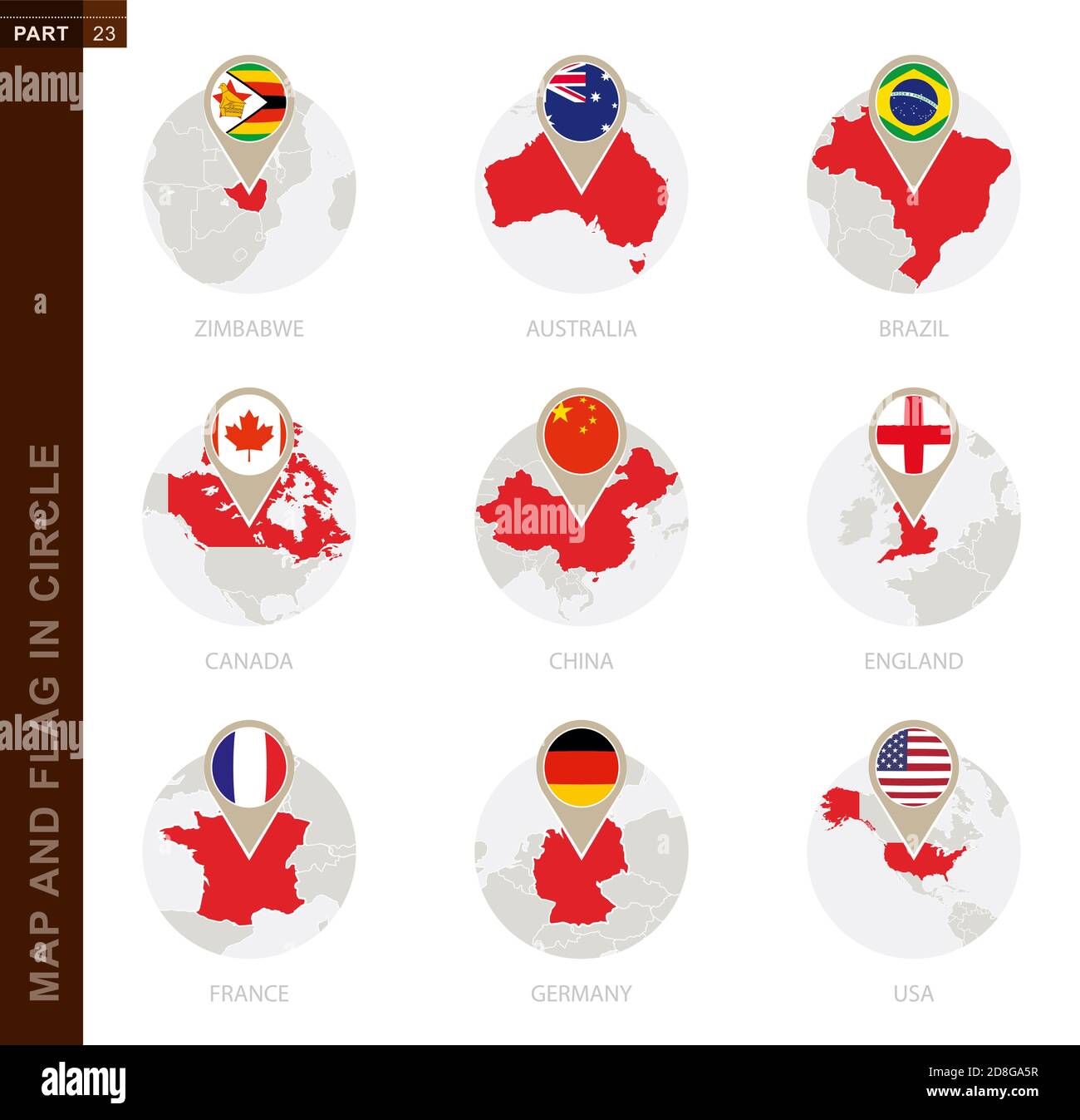 Carte et drapeau dans un cercle de 9 pays: Zimbabwe, Australie, Brésil, Canada, Chine, Angleterre, France, Allemagne, Etats-Unis Illustration de Vecteur