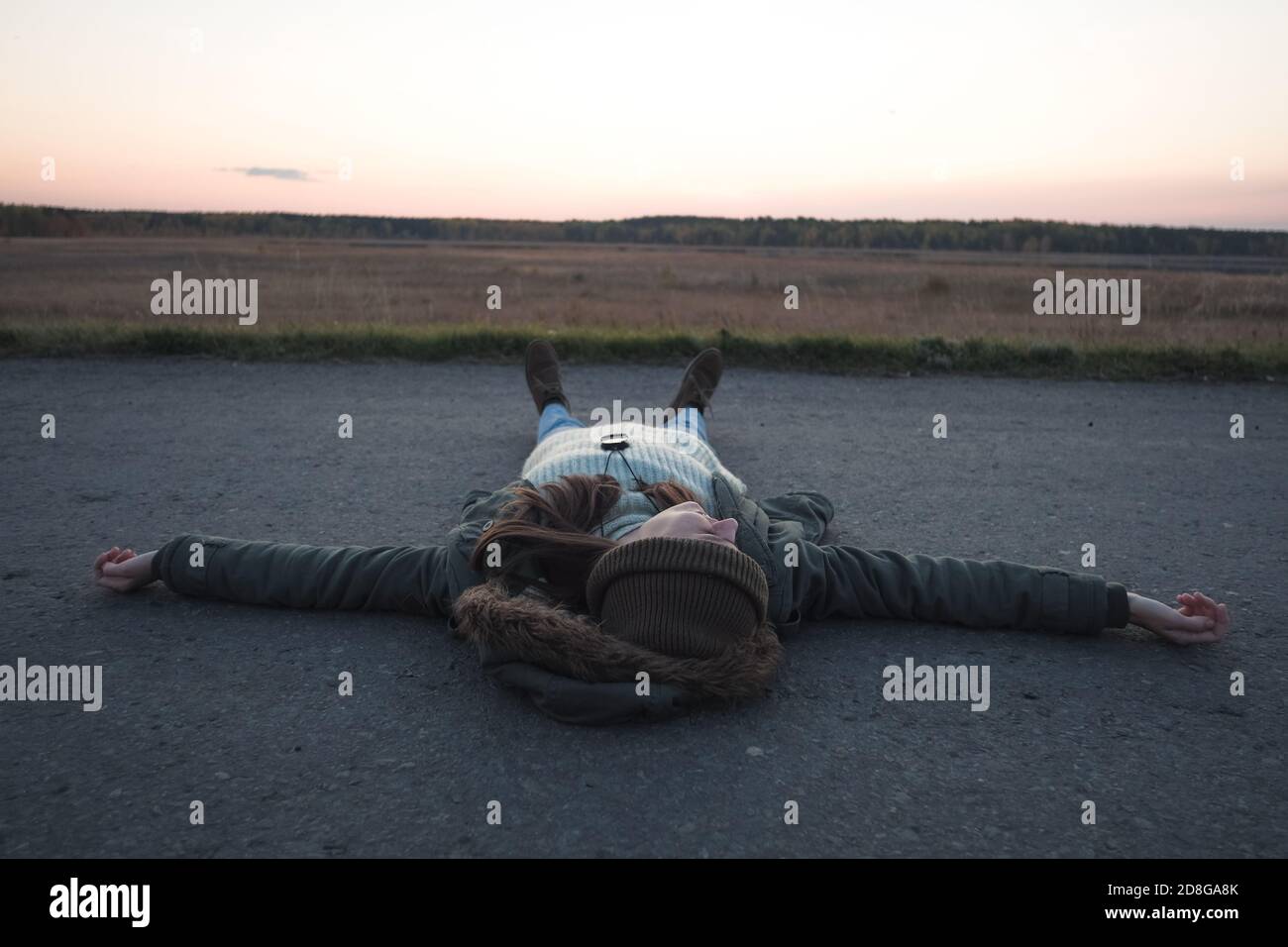 Une femelle se pose sur la route asphaltée. Banque D'Images