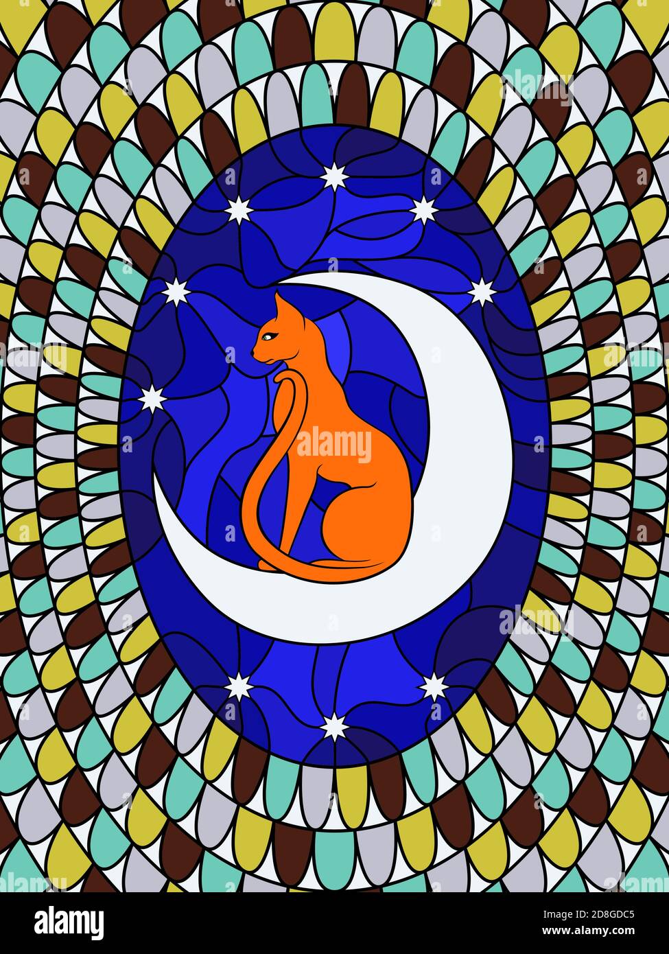 Vitraux colorés avec silhouette de chat mignon de dessin animé sur la lune, décoration sur verre pour les enfants Illustration de Vecteur