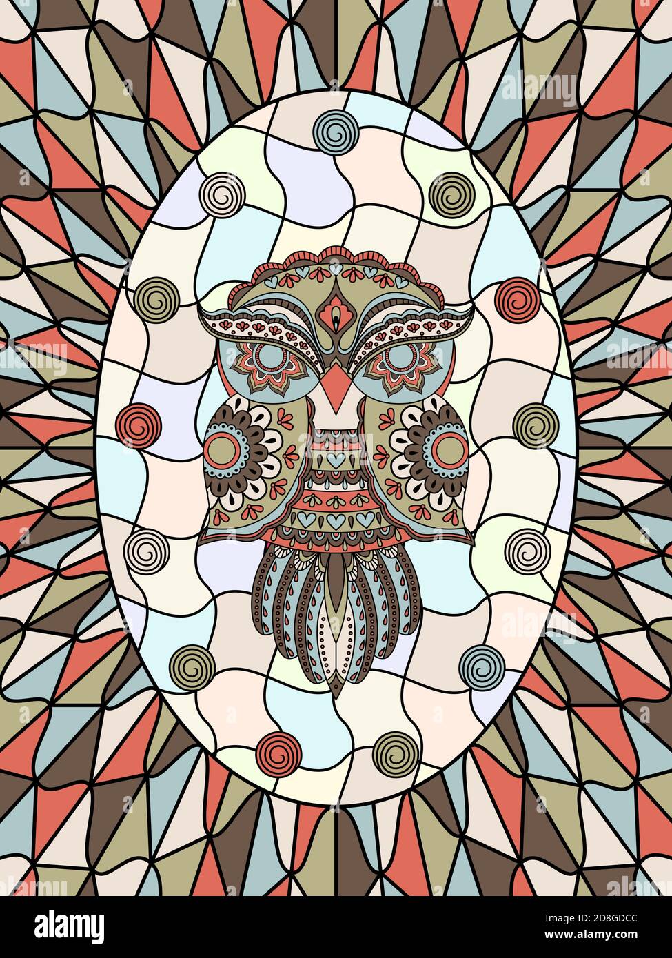 Drôle de dessin animé hibou ornemental dans les couleurs discrètes parmi les étoiles, vitraux pour une chambre d'enfant Illustration de Vecteur