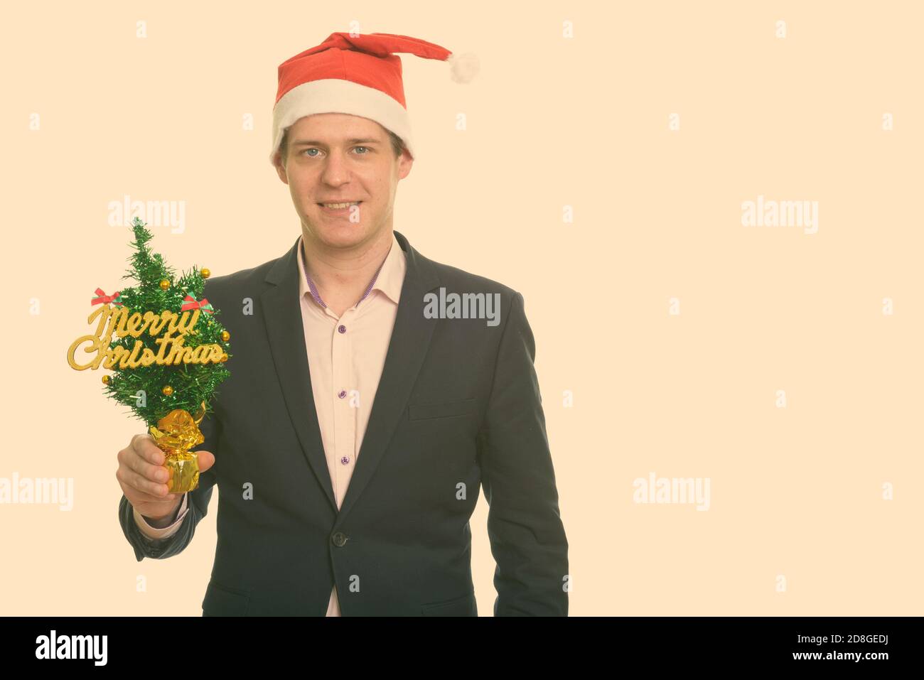 Happy handsome Young businessman holding Merry Christmas Tree Banque D'Images