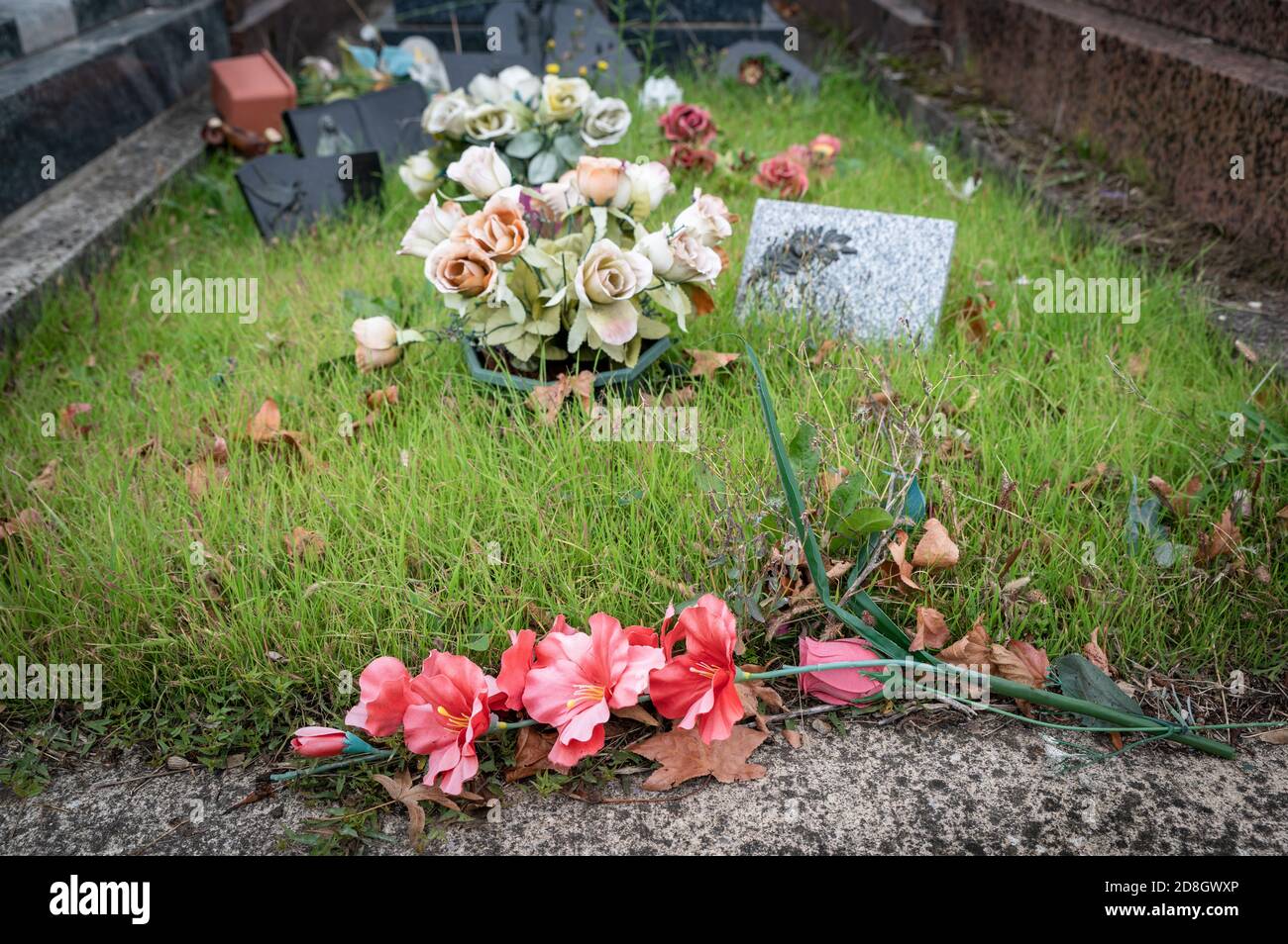 Bron, Rhône Alpes Auvergne, octobre 29 2020 : cimetière orné de fleurs multicolores à Toussaint, France Banque D'Images Bron, Rhône Alpes Auvergne, octobre 29 2020 : cimetière orné de fleurs multicolores à Toussaint, France Banque D'Images