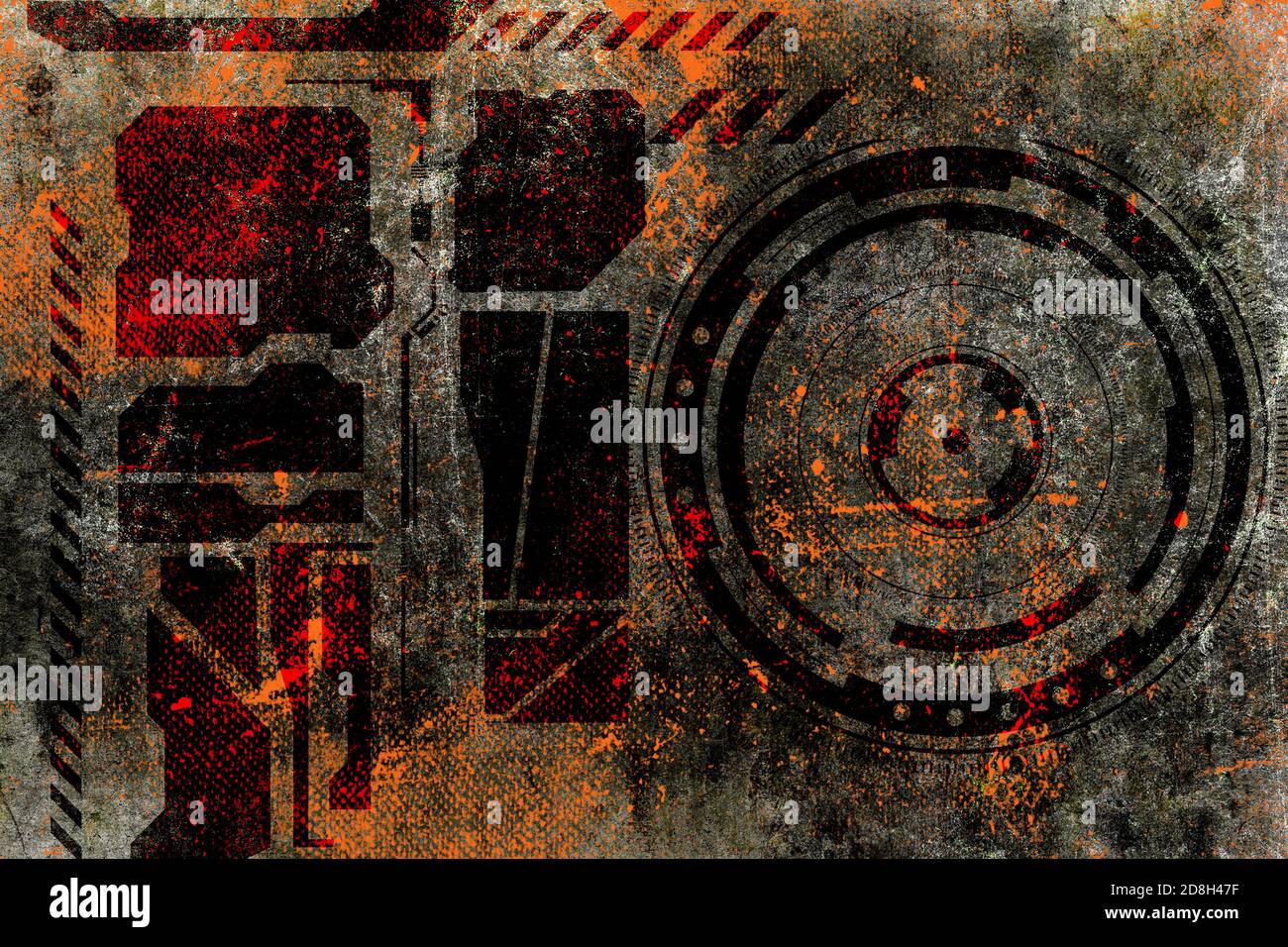 Abstrait grunge futuriste de la cyber-technologie fond. Dessin sur l'ancienne surface grasseuse. Banque D'Images