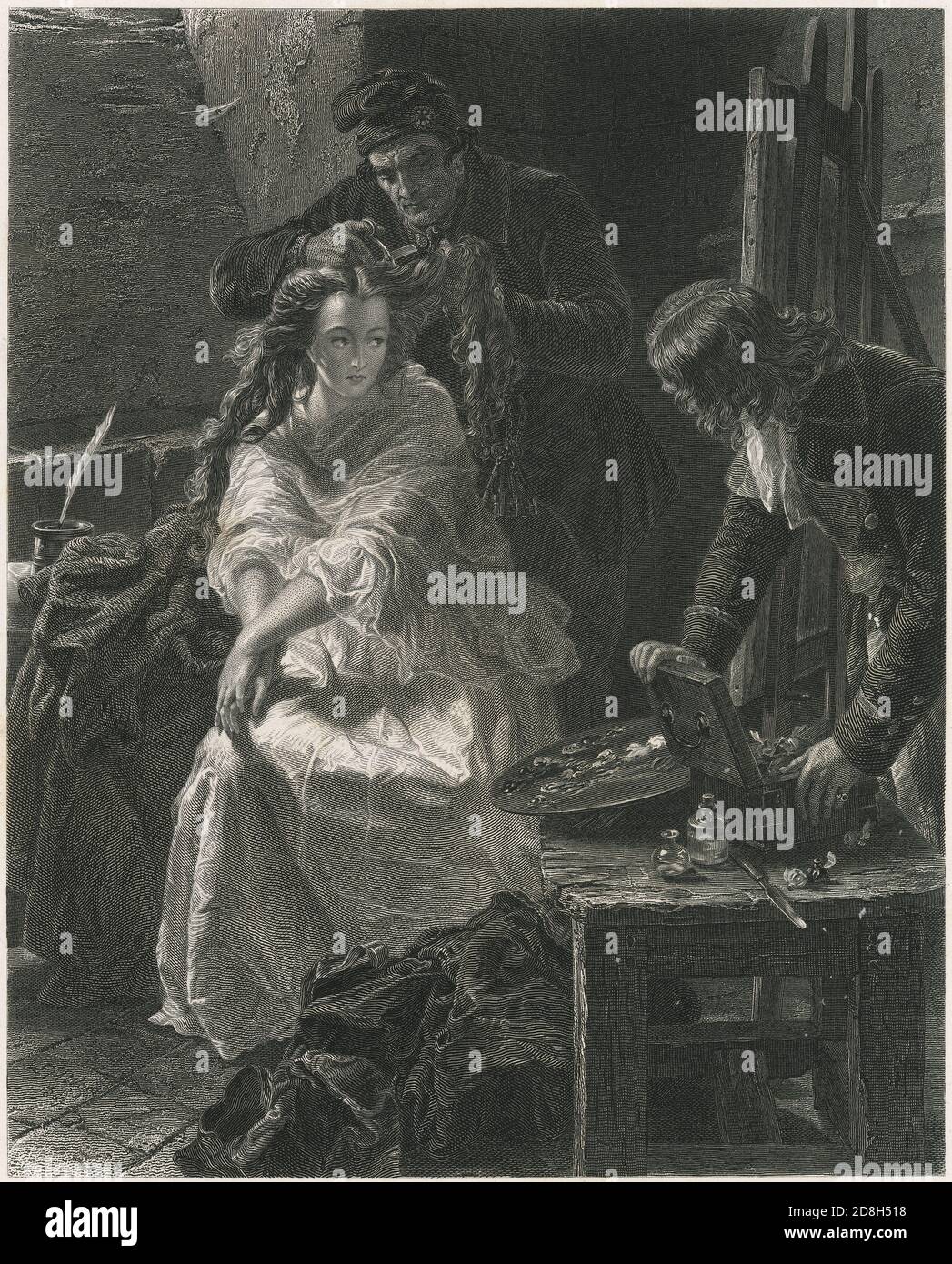 Antique gravure c1870, la dernière toilette de Charlotte Corday après peinture par E.M. Quartier. Marie-Anne Charlotte de Corday d'Armont (1768-1793), connue sous le nom de Charlotte Corday, est une figure de la Révolution française. En 1793, elle est exécutée par guillotine pour l'assassinat du chef Jacobin Jean-Paul Marat. SOURCE : GRAVURE ORIGINALE Banque D'Images