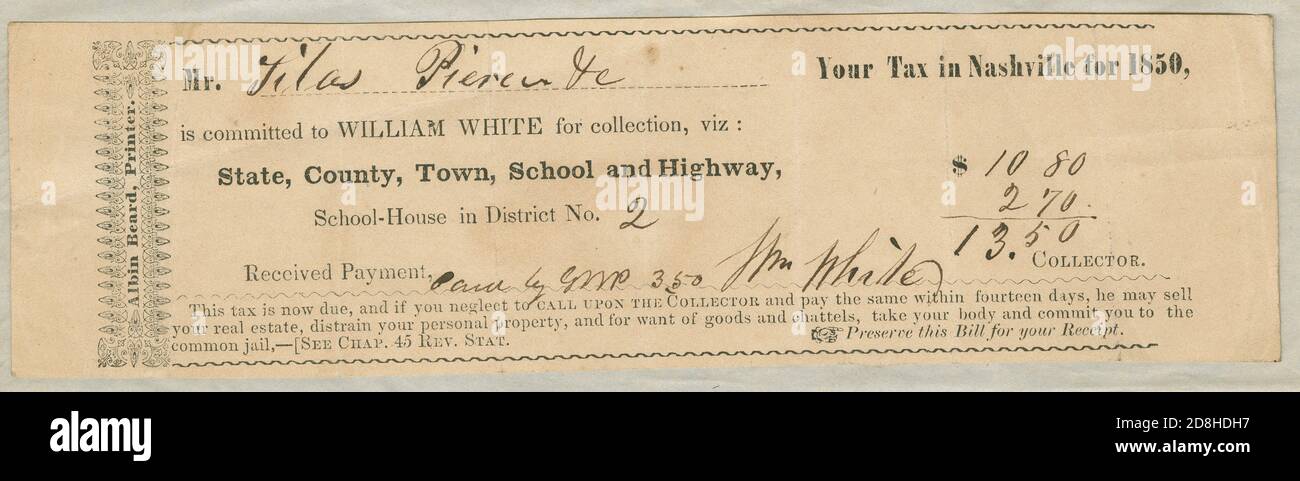 Antique 1850 reçu pour Nashville, État du New Hampshire, comté, ville, école, les taxes d'autoroute d'un montant de 13.50 $. Recueilli par William White dans le district n° 2. (En 1853, Nashville et Nashua se sont associés pour affréter la ville de Nashua.) SOURCE : REÇU ORIGINAL Banque D'Images