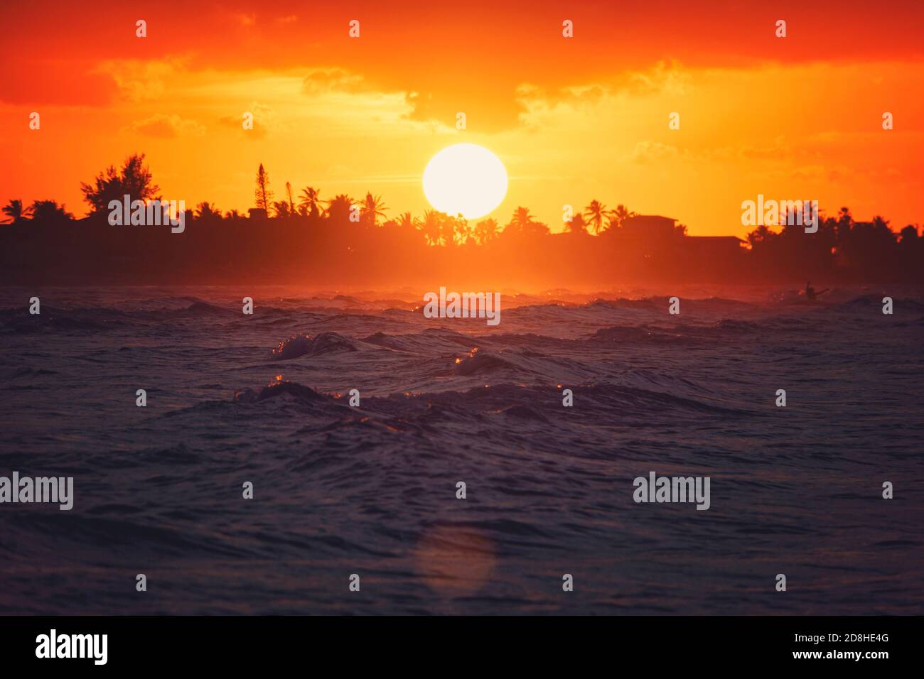le soleil se couche derrière les arbres à l'horizon. Coucher de soleil paisible sur la mer des Caraïbes. Vue tropicale Banque D'Images