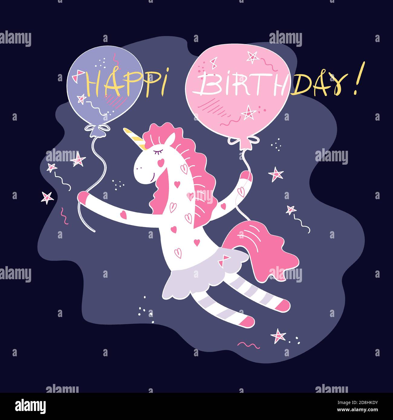 La Licorne Magique Vole Sur Des Ballons Avec Des Etoiles Et Des Coeurs Carte De Voeux Pour Joyeux Anniversaire Police Manuscrite Et Photo A Main Plate Isolee De Image Vectorielle Stock