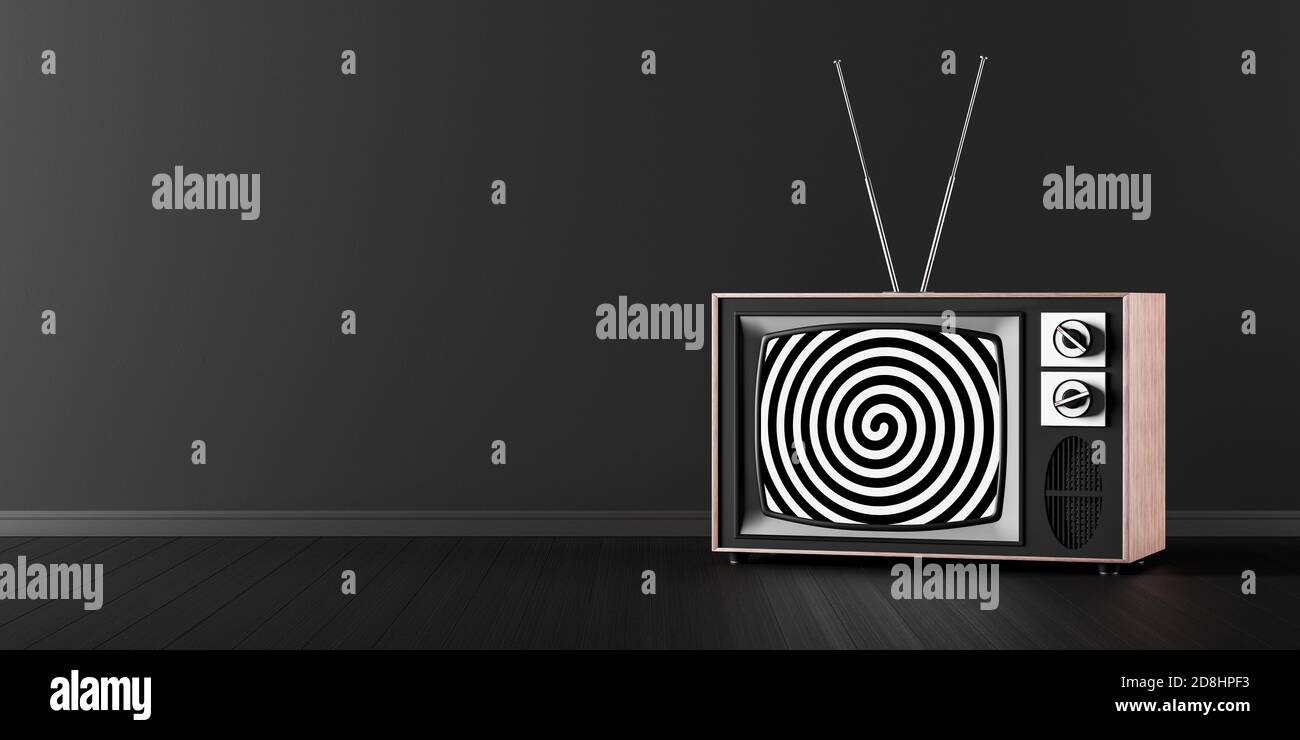 Télévision rétro classique sur le sol de la chambre noire avec l'illusion de spirale. Concept de lavage de cerveau 3d rendu 3D illustration 3d Banque D'Images