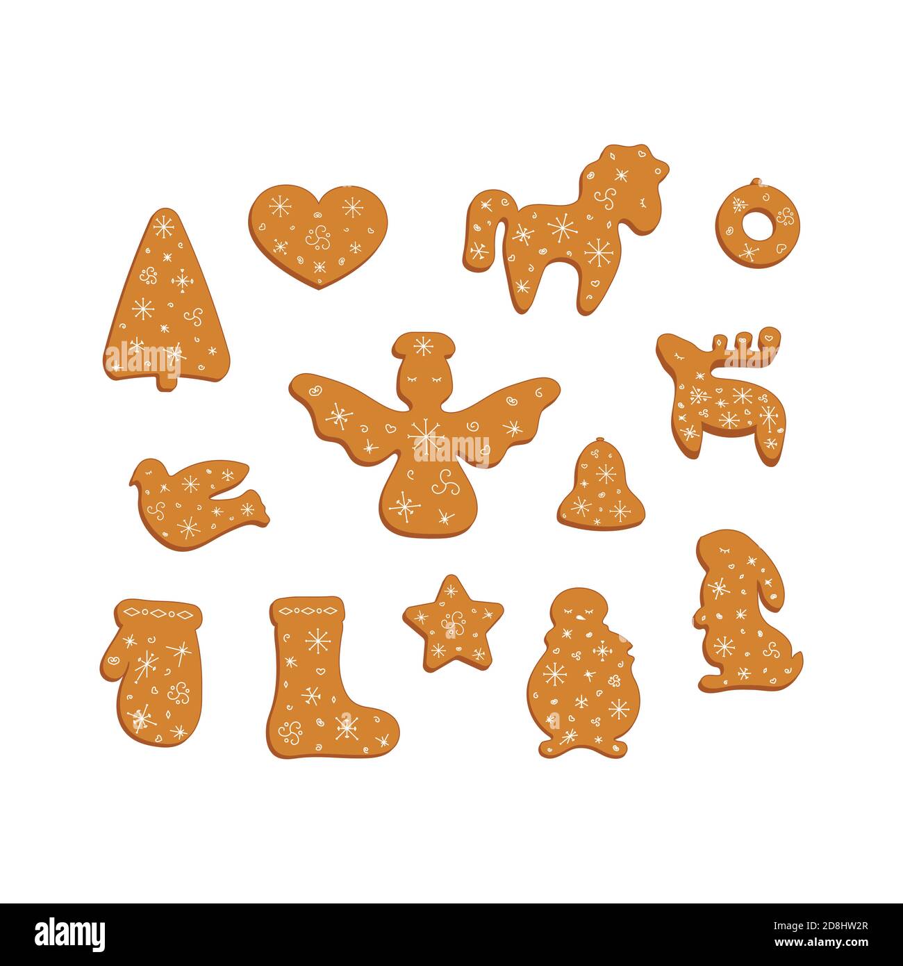 Grand ensemble de biscuits au pain d'épice. Cerf à pain d'épice décoratif, hors, arbre de noël, lapin, cloche, coeur, bonhomme de neige, ange, couronne, oiseau, mitaine, chaussette, St Illustration de Vecteur