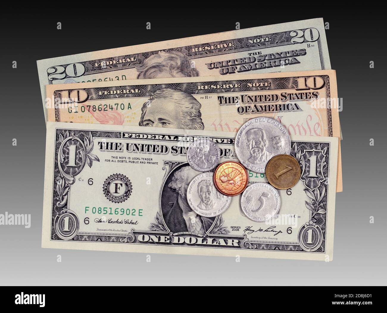 Centavo pièces et dollars américains, la monnaie du pays sud-américain Equateur Banque D'Images