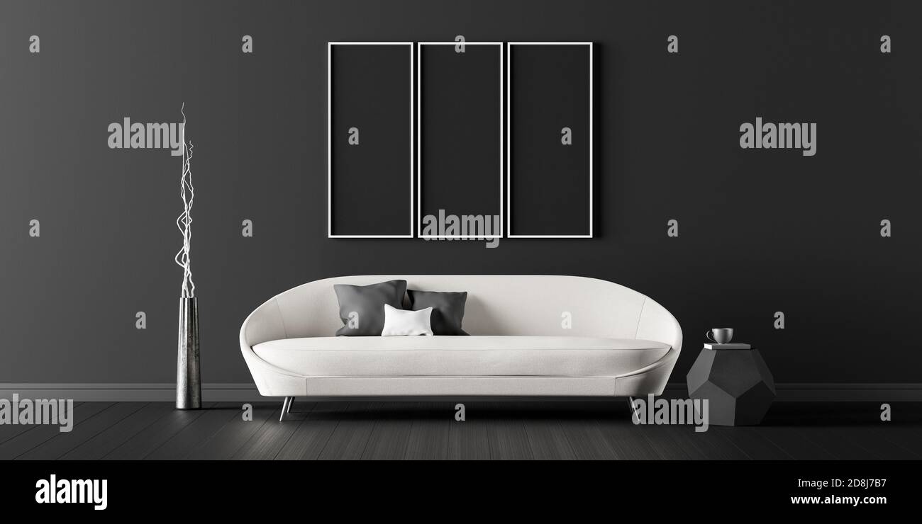 Intérieur moderne avec salon noir, illustration 3d Render 3d Banque D'Images