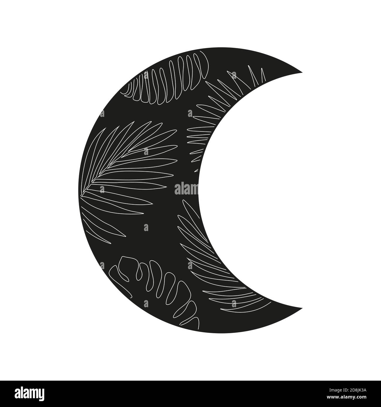 Croissant floral noir sur blanc. Lune tropicale. Élément décoratif boho. . Illustration vectorielle Illustration de Vecteur