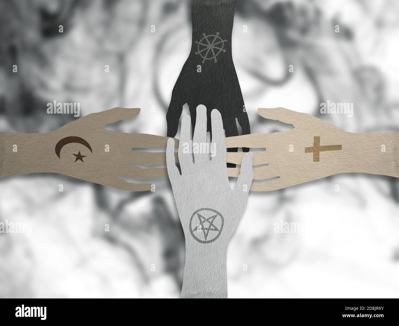 Les mains se toucher. Représentants de diverses religions. Arrière-plan flou de fumée noire. Rendu 3D Banque D'Images