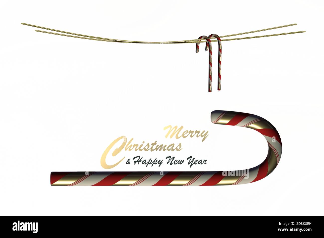 Noël nouvel an fond blanc. Symbole de Noël. Cannes de bonbons sur blanc. Texte Joyeux Noël Bonne Année. Espace de copie, isolé, bordure, en-tête. Rendu 3D Banque D'Images