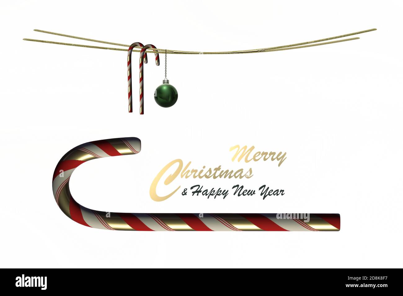 Noël festif le nouvel an bordure blanche. Symbole de Noël. Cannes de bonbons sur blanc. Texte Joyeux Noël Bonne Année. Espace de copie, isolé, bordure, en-tête. Rendu 3D Banque D'Images