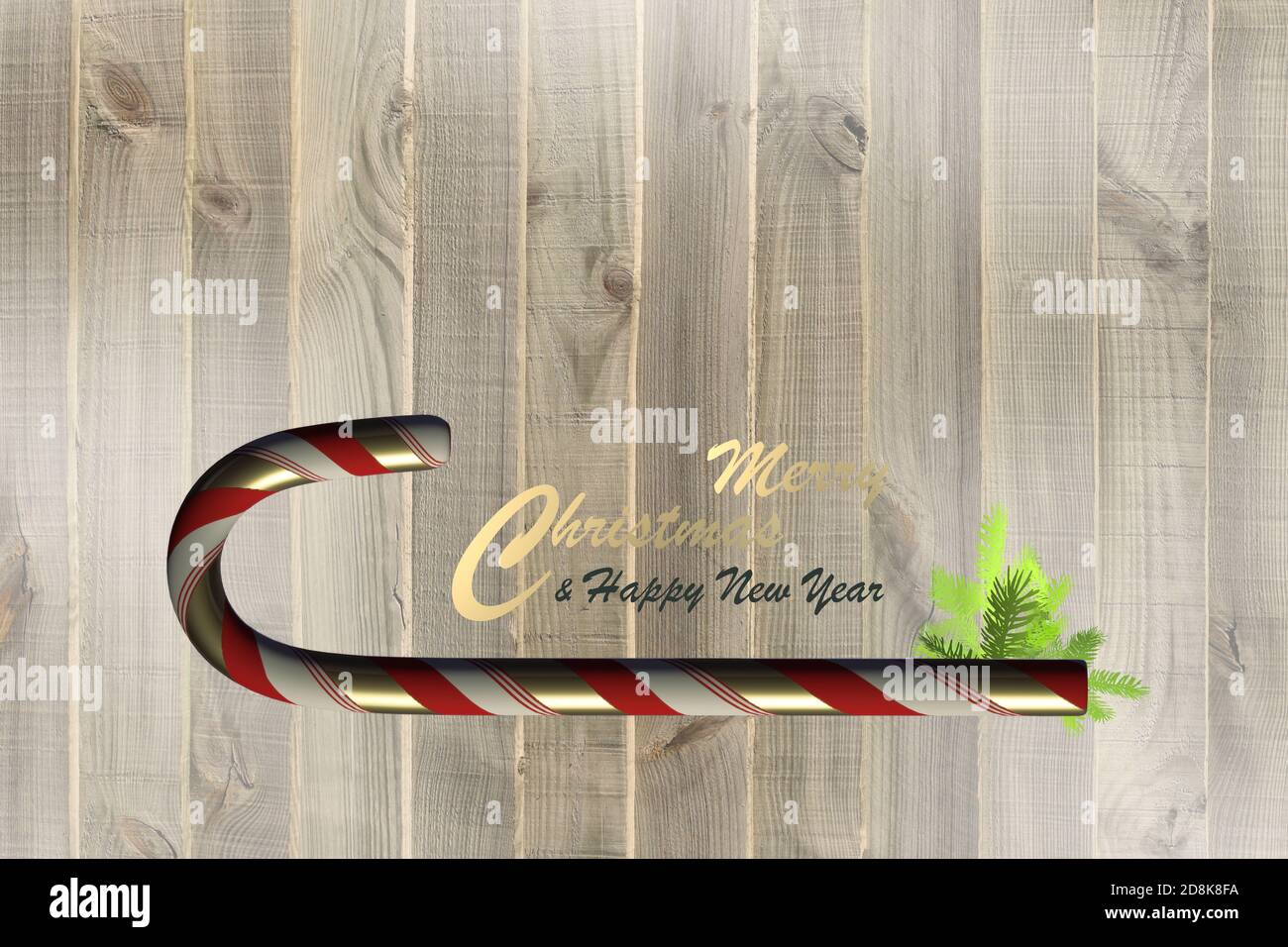Design minimaliste de Noël du nouvel an sur fond de bois. Canne à sucre, branches de sapin, texte doré Joyeux Noël bonne année sur vieux panneau en bois. Copier l'espace, placer pour le texte. Horizontale. Rendu 3D Banque D'Images