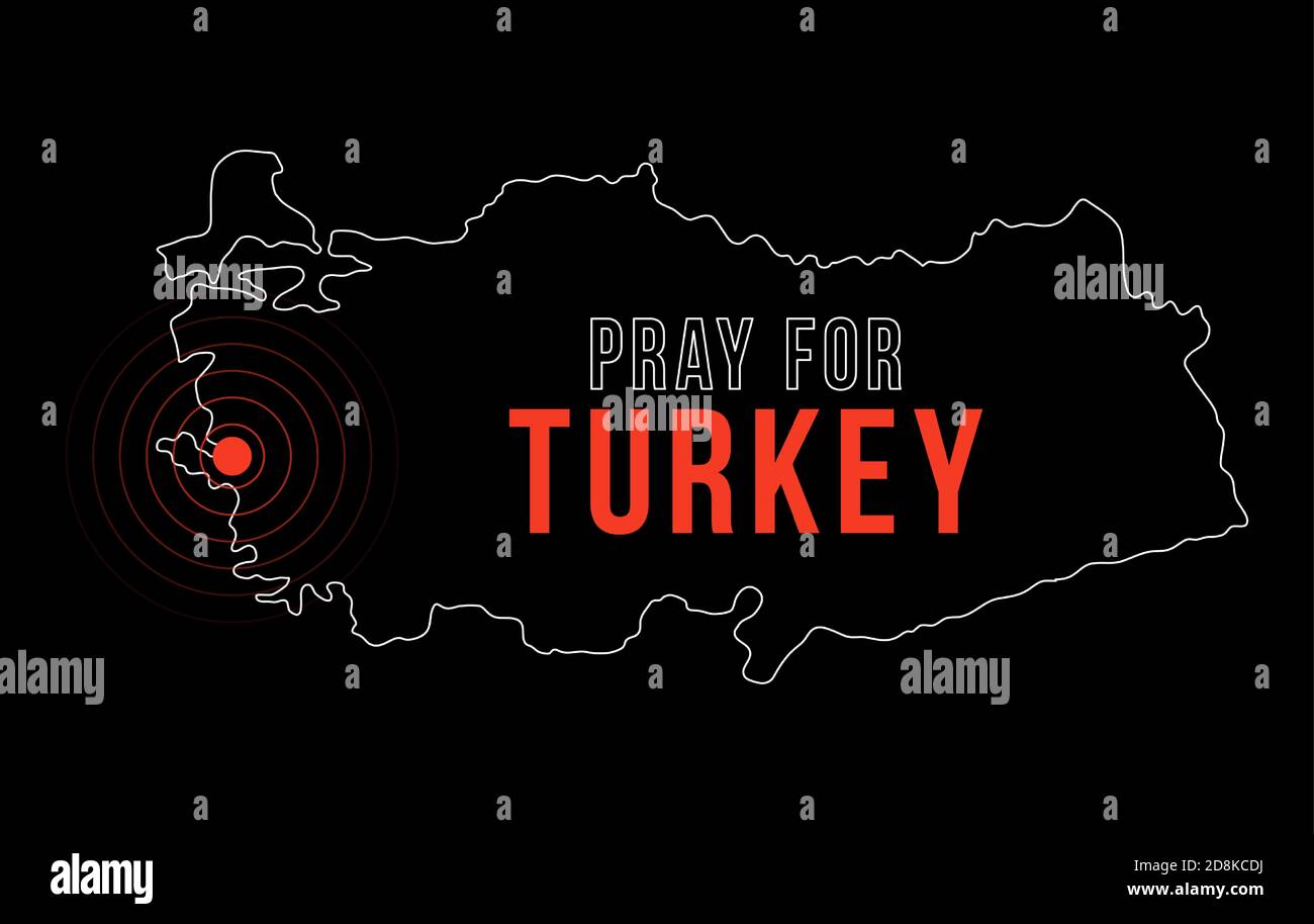 L'épicentre du tremblement de terre en Turquie. Priez pour la Turquie. Carte d'illustration vectorielle avec le texte demandant des rayons en raison d'un fort tremblement de terre près d'Izmir o Illustration de Vecteur