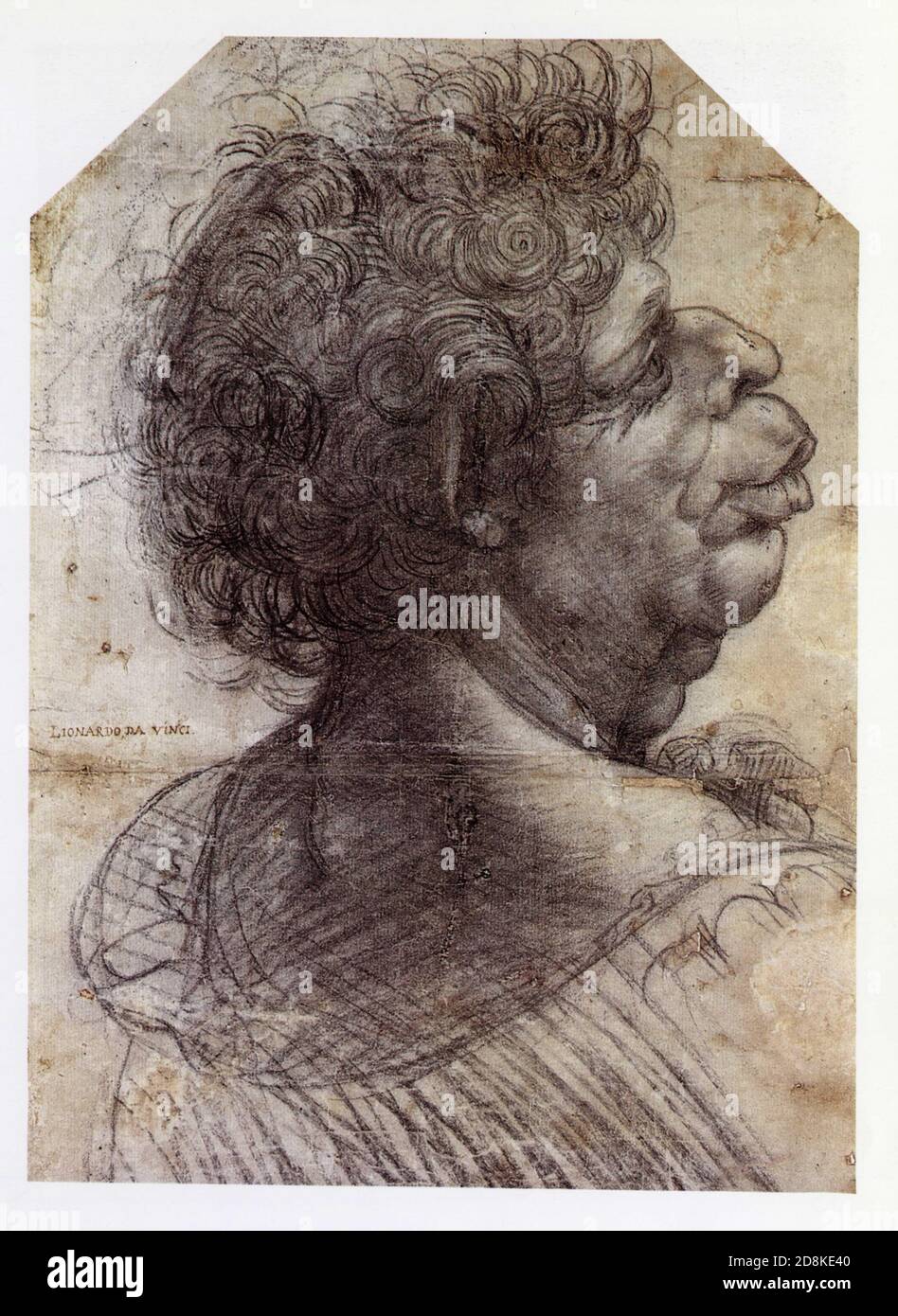 Léonard de Vinci. Une tête grotesque. 1504. Craie noire avec contours piqués pour le transfert Banque D'Images