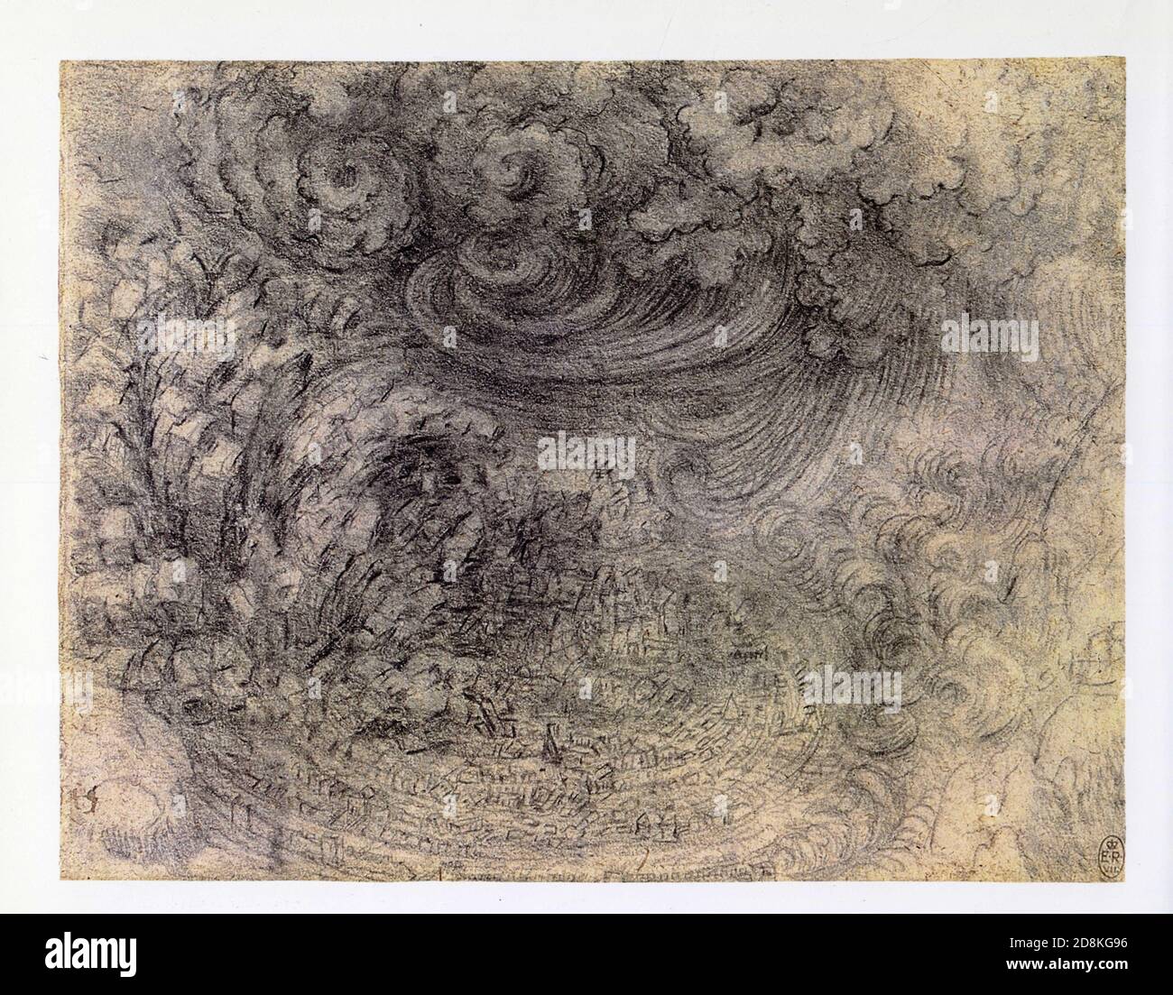 Léonard de Vinci. Une ville au centre d'un déluge. 1515. Craie noire Banque D'Images