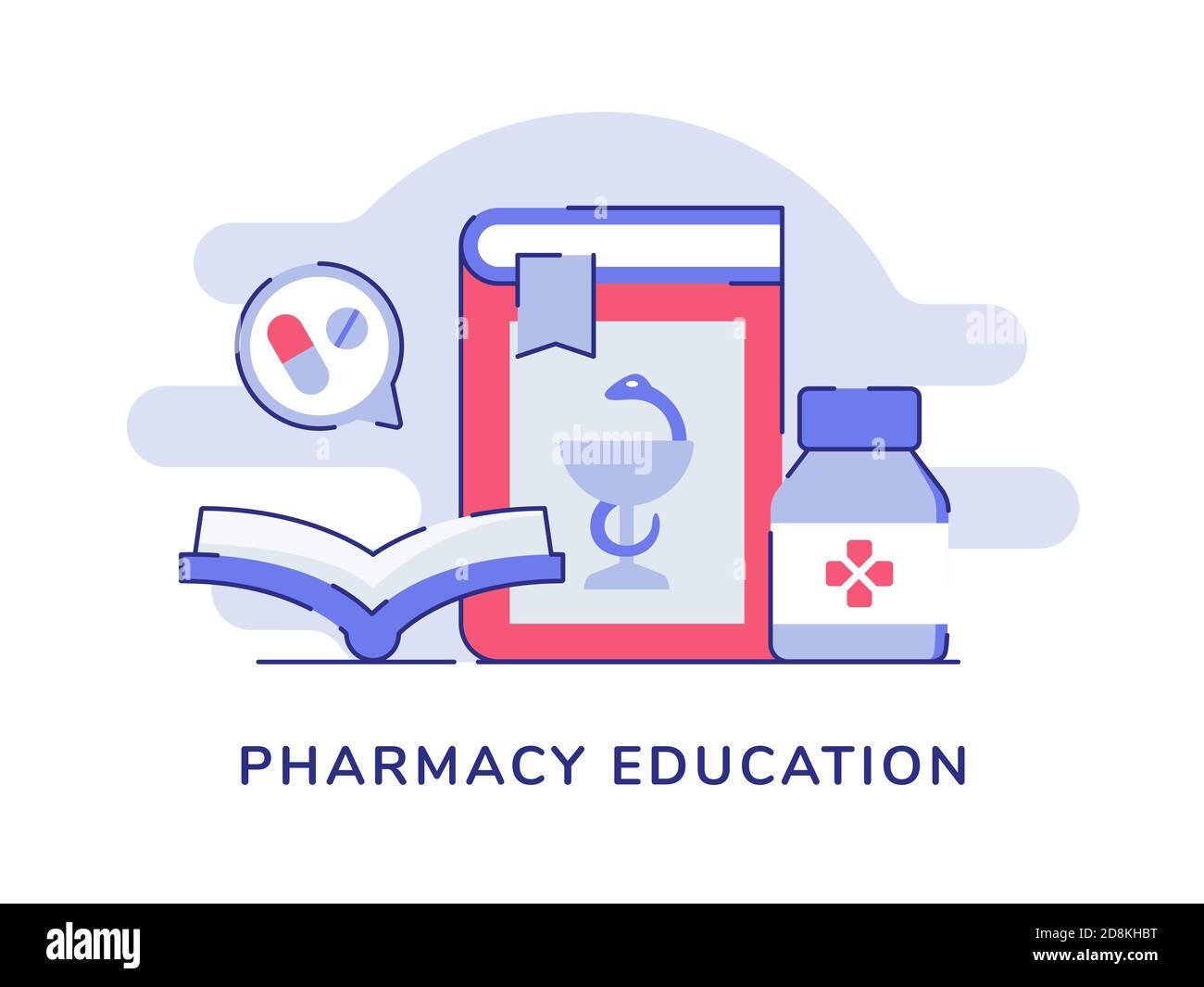 Pharmacie éducation ouvrir le livre pharmacie de médicaments blanc isolé fond avec style de contour de couleur plate Illustration de Vecteur