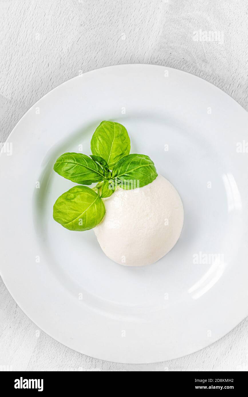 Fromage Mozzarella italien traditionnel et feuille de basilic sur une assiette blanche sur une table en bois blanc. Cuisine italienne traditionnelle Banque D'Images